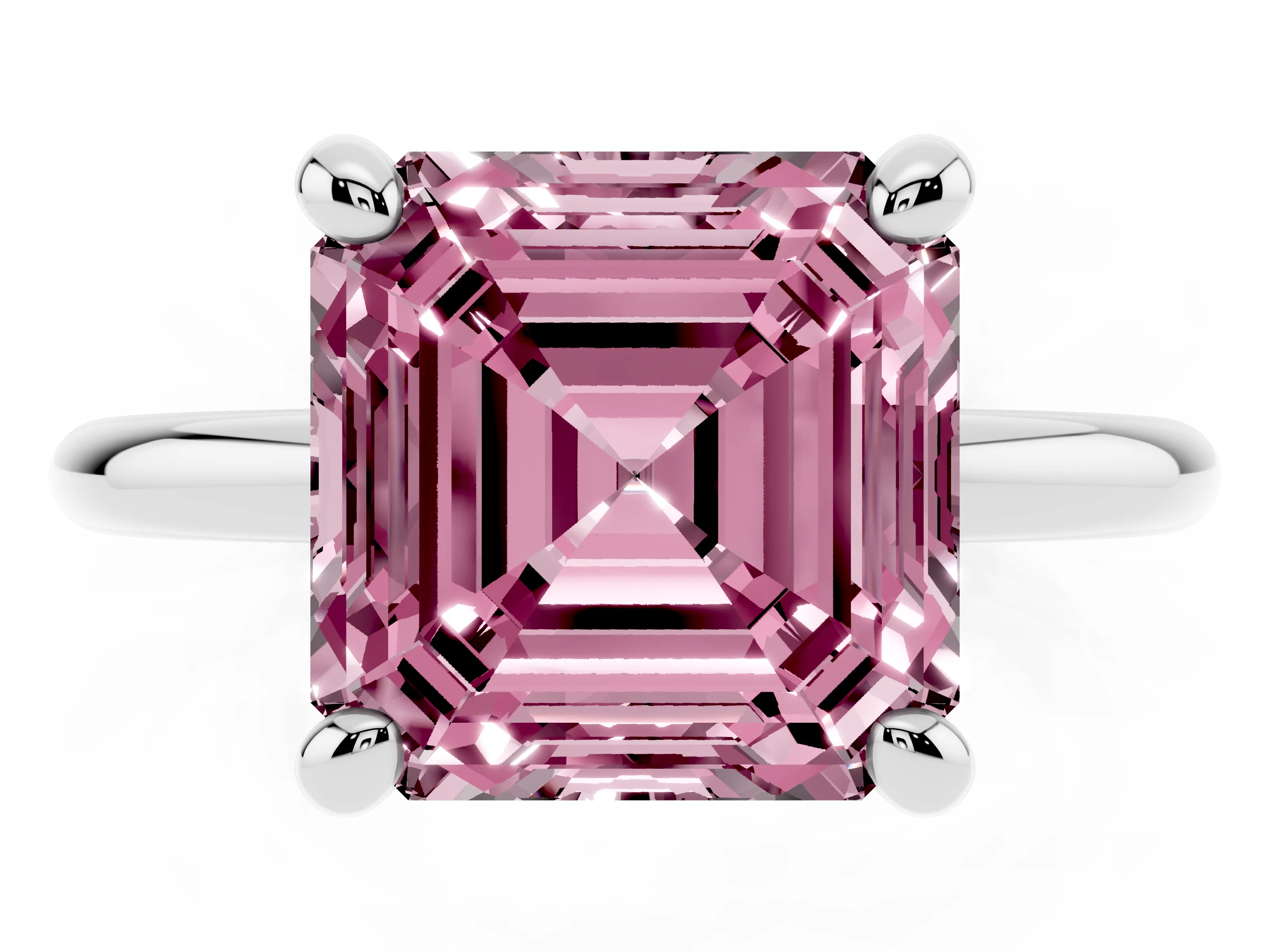Fancy Pink Asscher Cut Diamond Solitaire Ring Set in White gold with Prong Setting on a Polished Plain Band