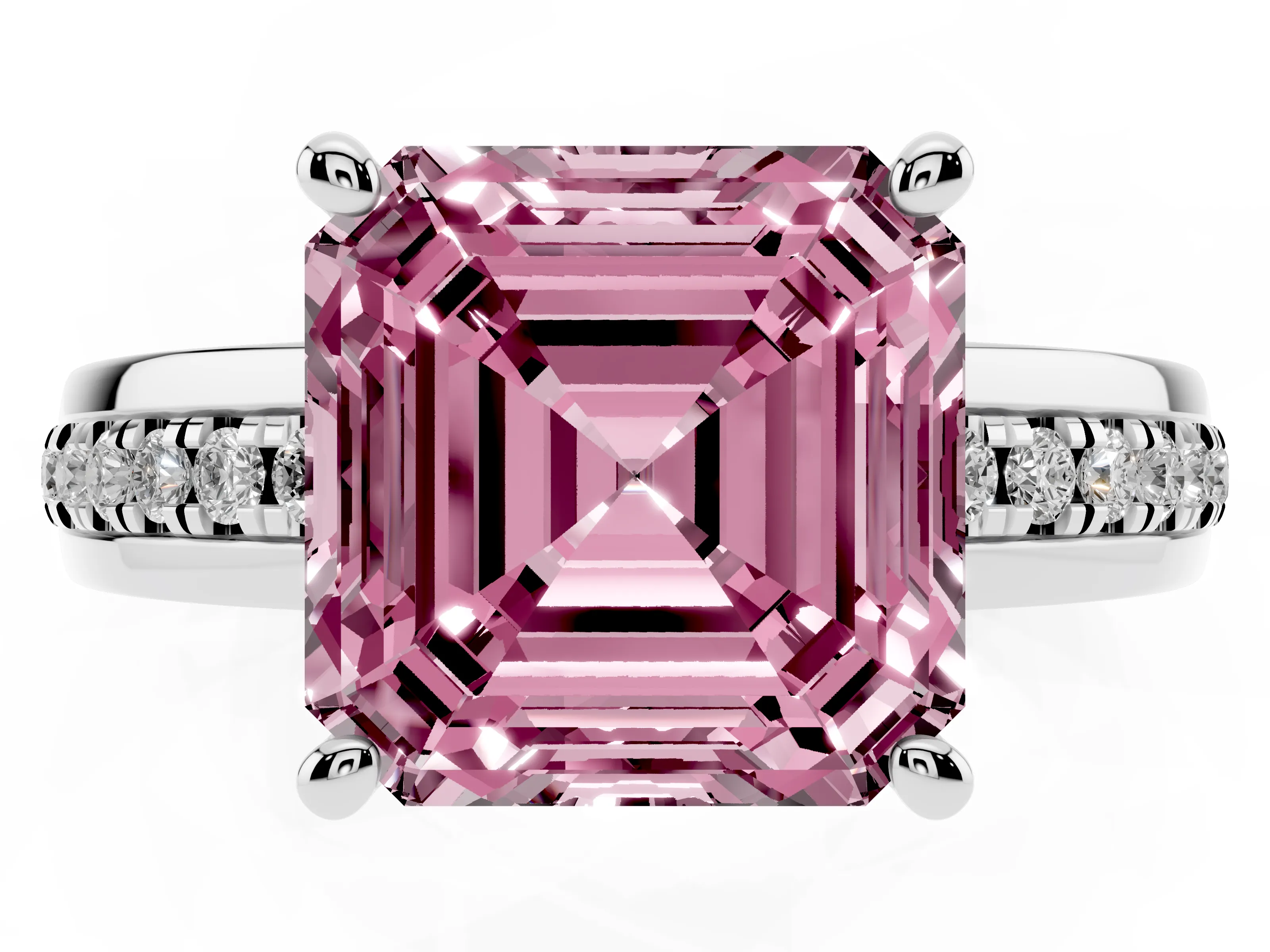 Fancy Pink Asscher Cut Diamond Solitaire Ring Set in White gold with Channel Set Band and Prong Setting