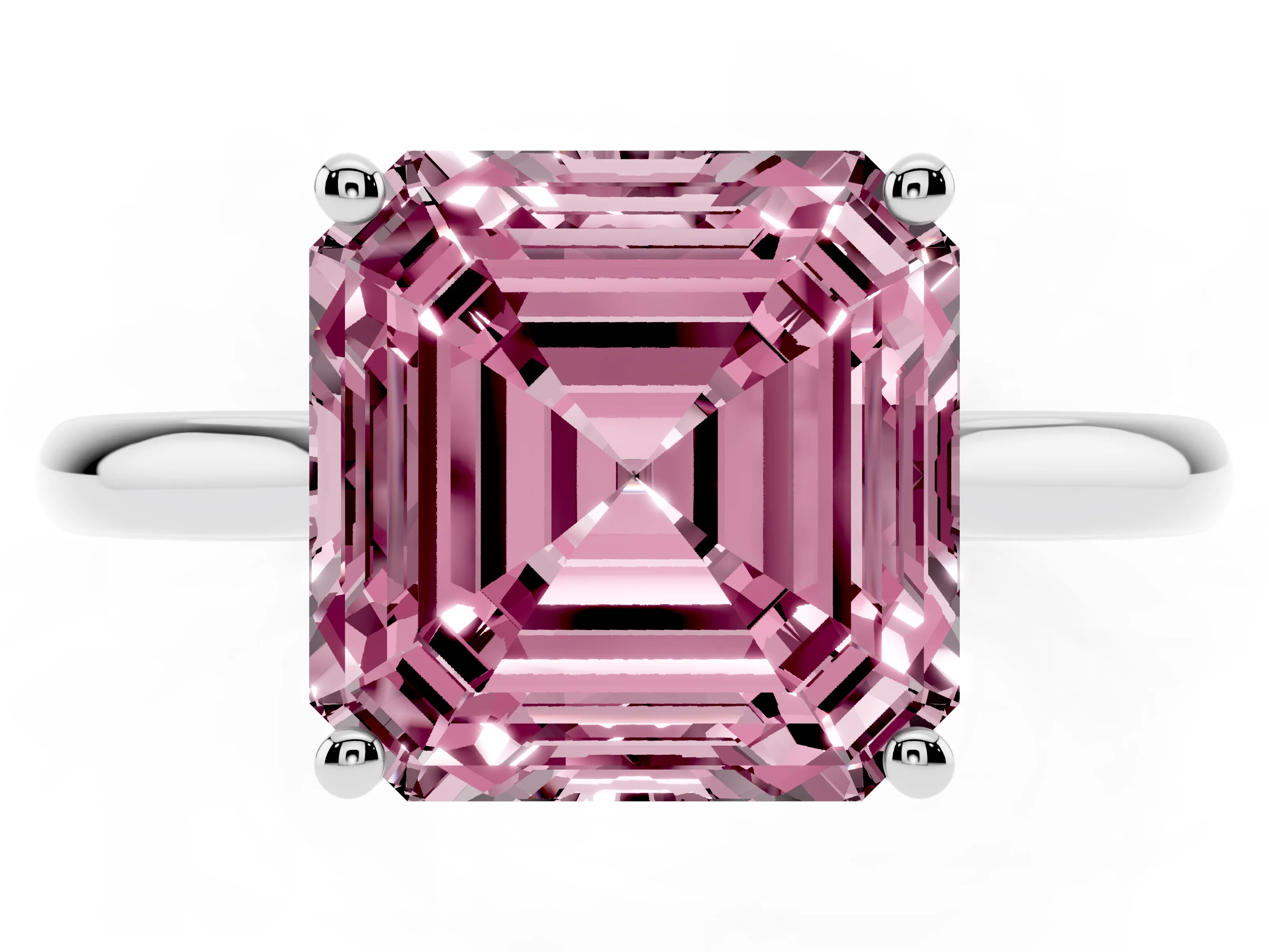 Fancy Pink Asscher Cut Diamond Solitaire Ring Set in Platinum with Cathedral Band and Prong Setting