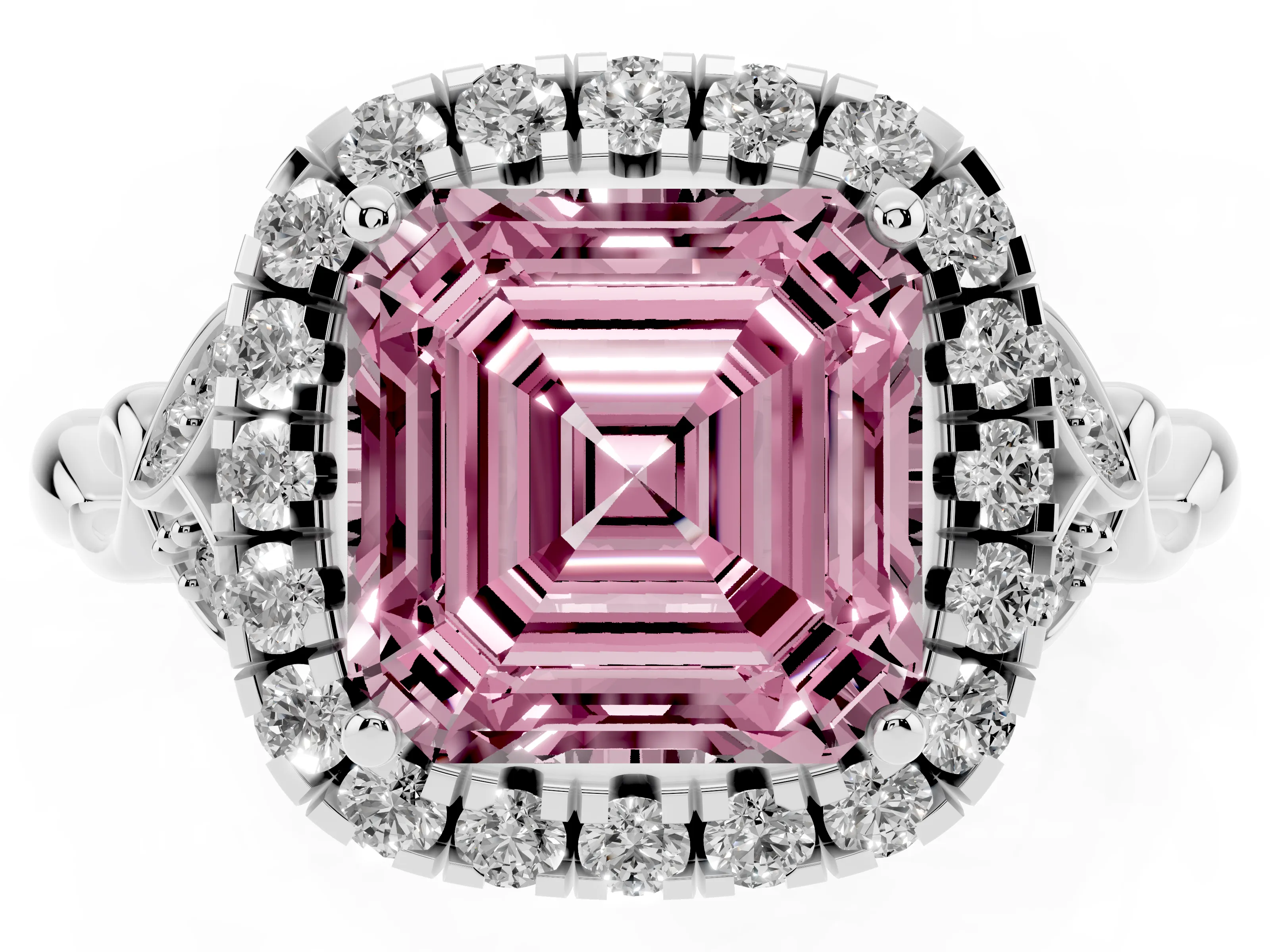 Fancy Pink Asscher Cut Diamond Halo Engagement Ring Set in Platinum with Vintage-Inspired Band and Prong Setting