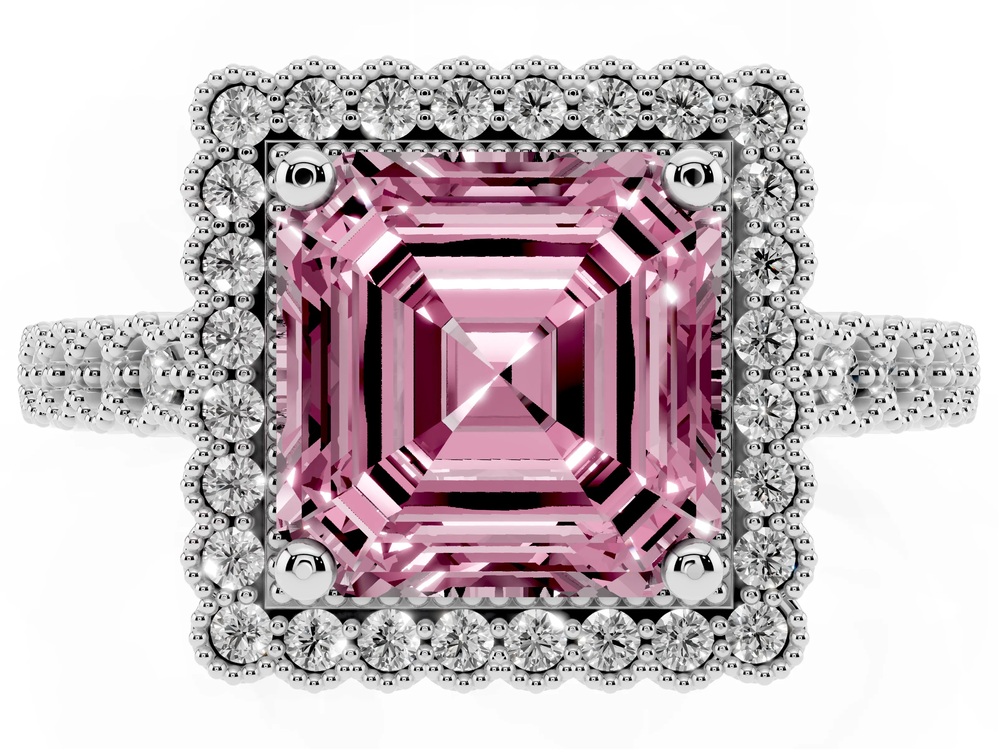 Fancy Pink Asscher Cut Diamond Halo Ring Set in Platinum with Pavé Milgrain Band