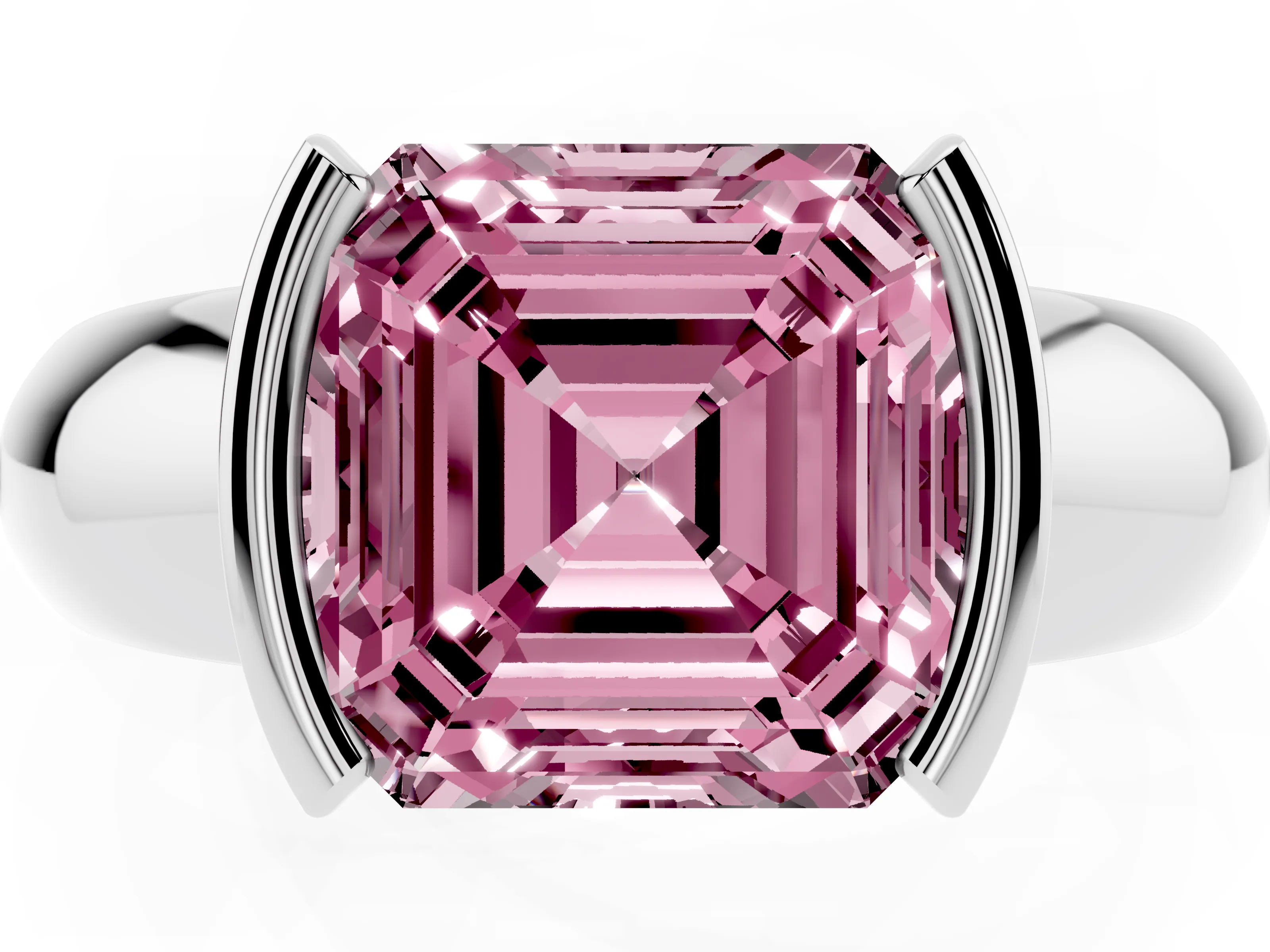 Fancy Pink Asscher Cut Diamond Solitaire Tension Set Ring Set in Silver with Wide Band