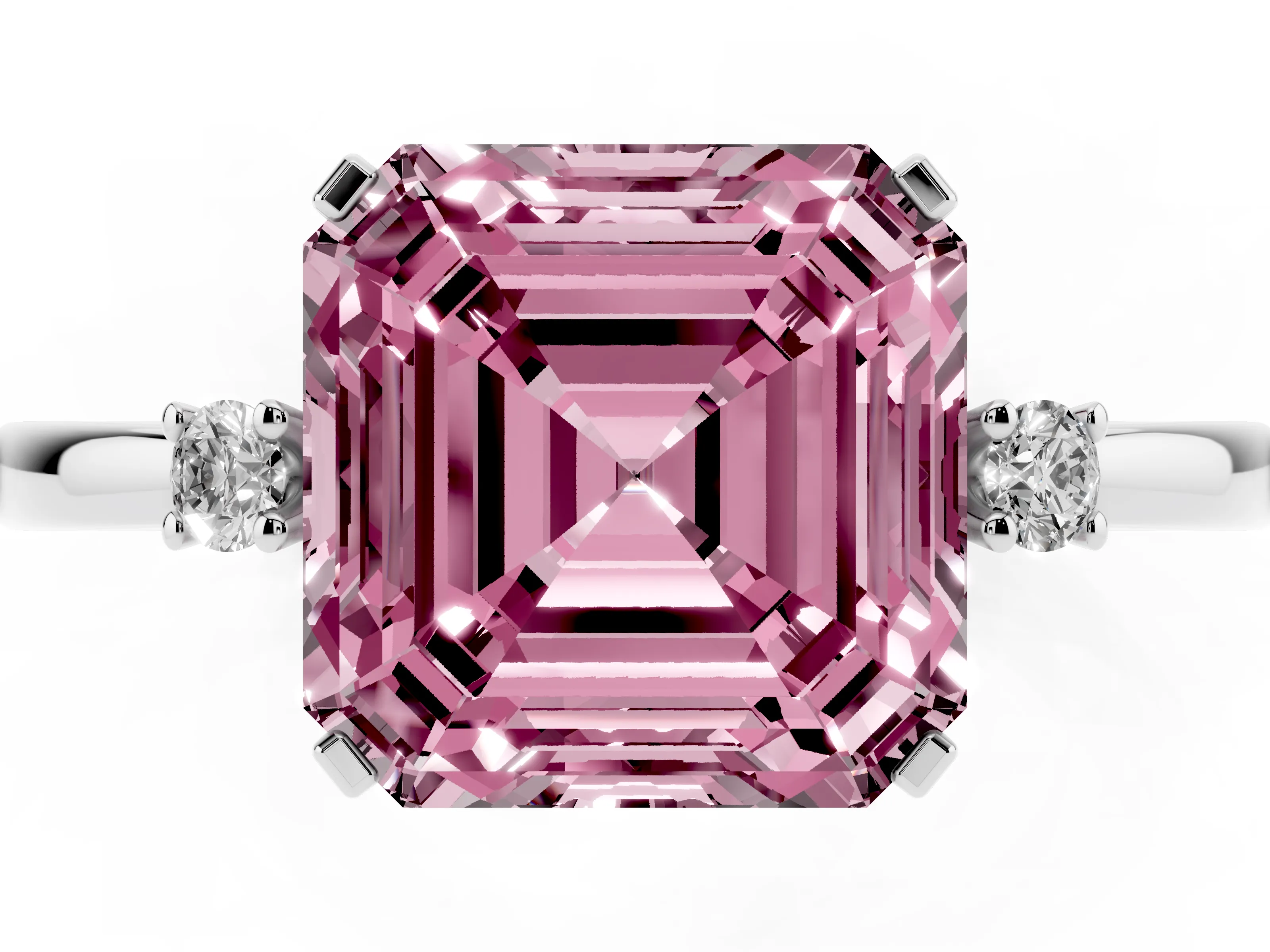 Fancy Pink Three-Stone Asscher Cut Diamond Solitaire Ring Set in Silver with Round Accent Stones and Prong Setting