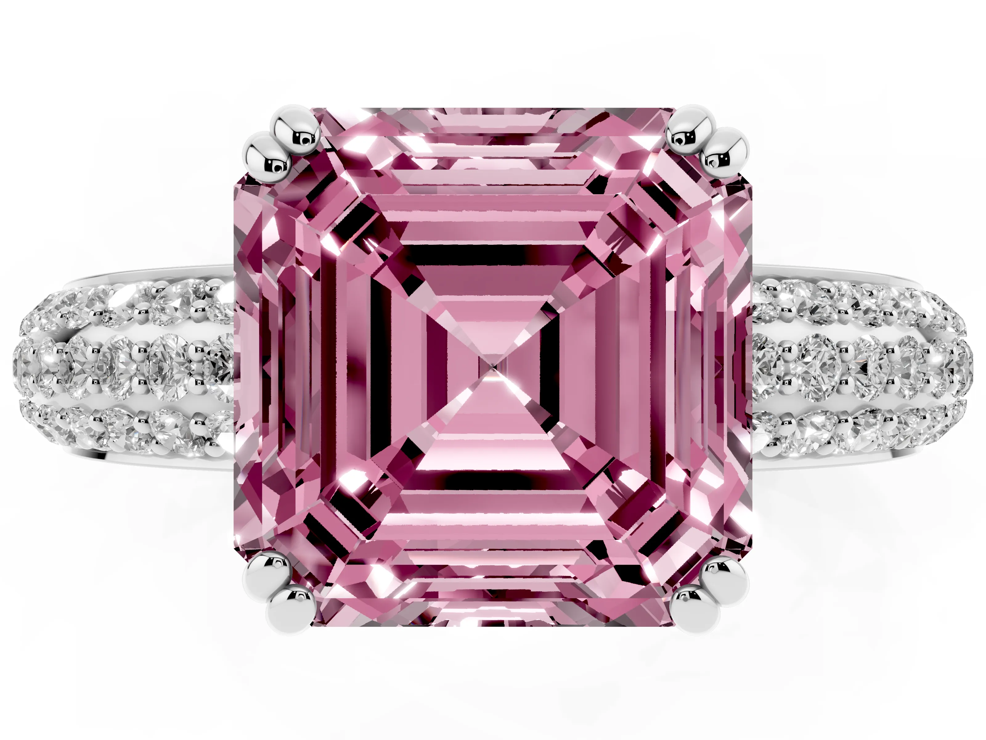 Fancy Pink Asscher Cut Diamond Solitaire Ring Set in Silver with Multi-Row Round Pavé Band and Prong Setting