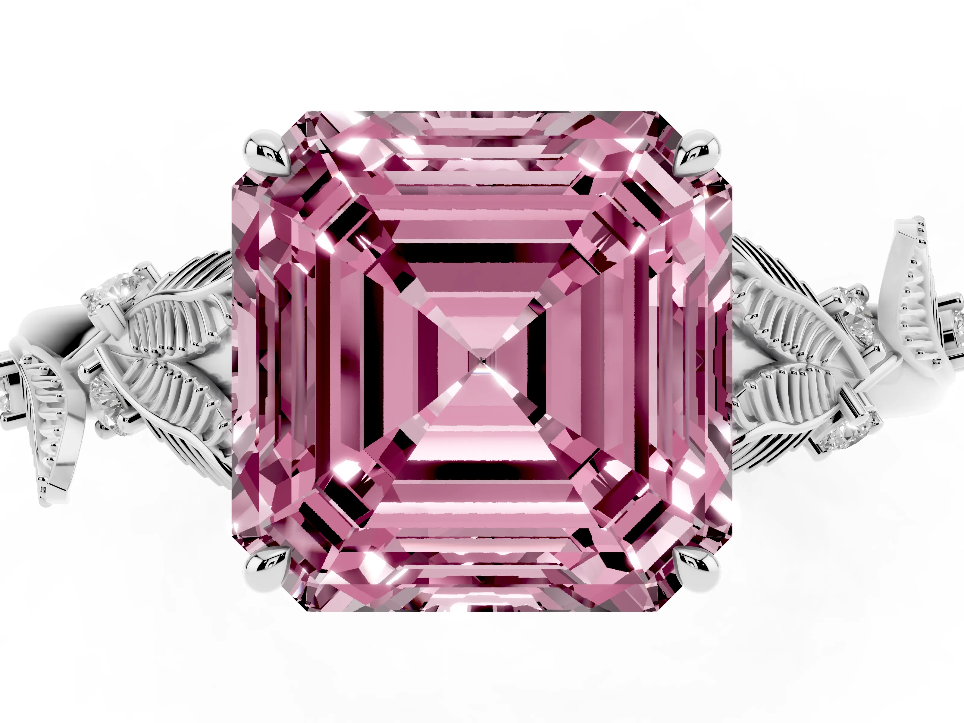 Fancy Pink Asscher Cut Diamond Solitaire Ring Set in White gold with Leaf Motif Band