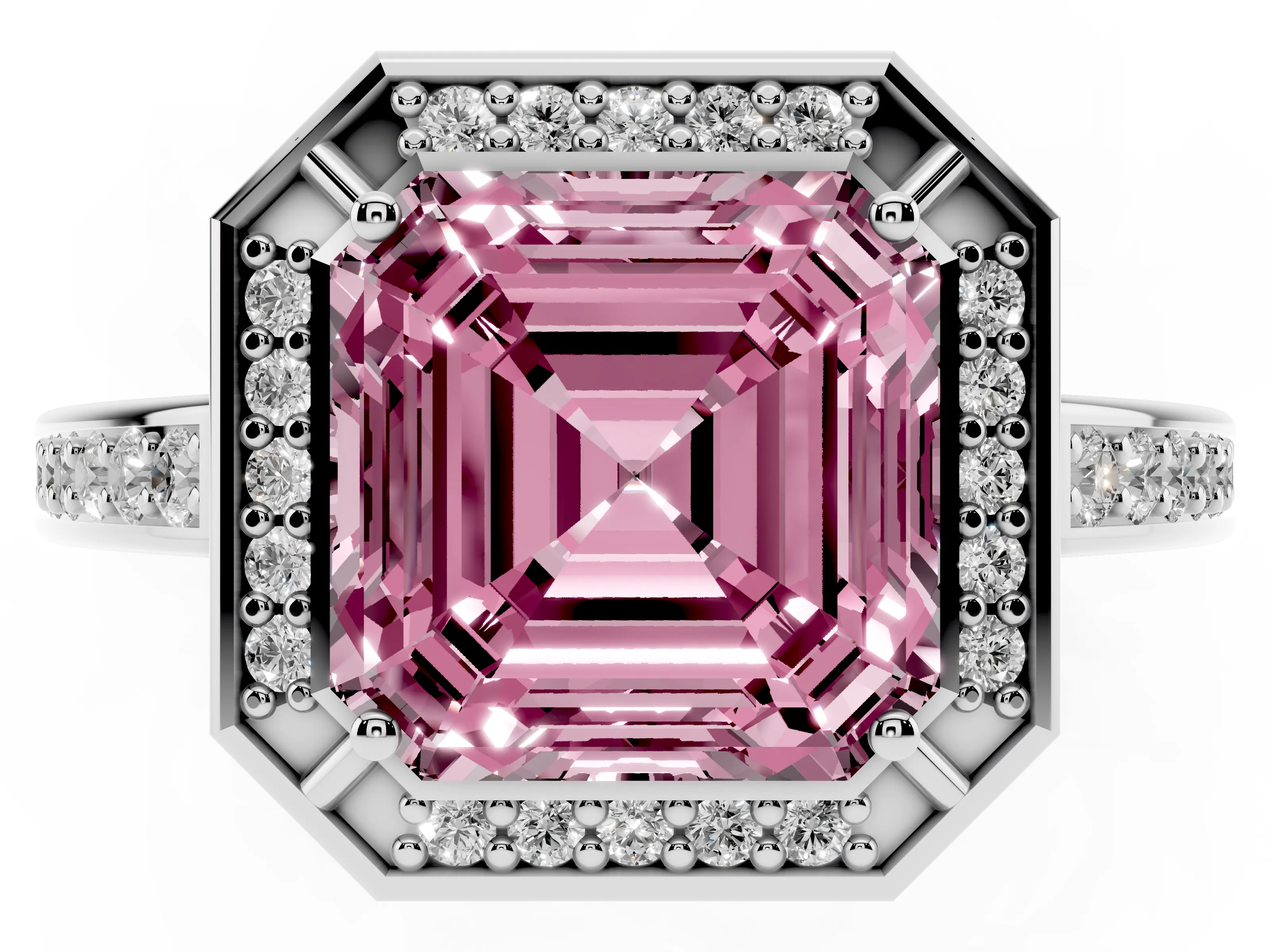 Fancy Pink Asscher Cut Diamond Halo Pavé Split Shank Ring Set in White gold with Prong Setting