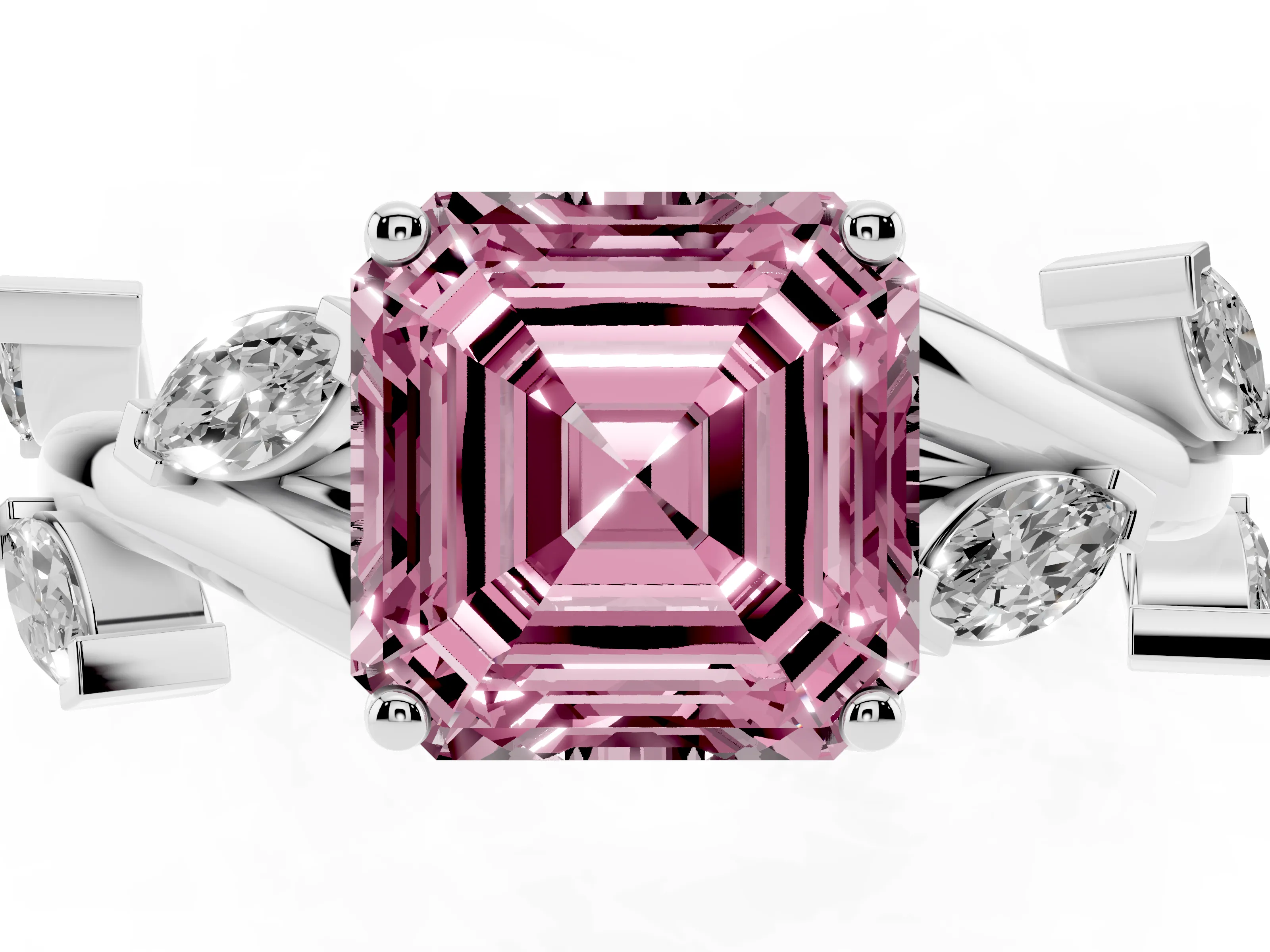 Fancy Pink Asscher Cut Diamond Solitaire Ring Set in White gold with Twisted Marquise Accent Band