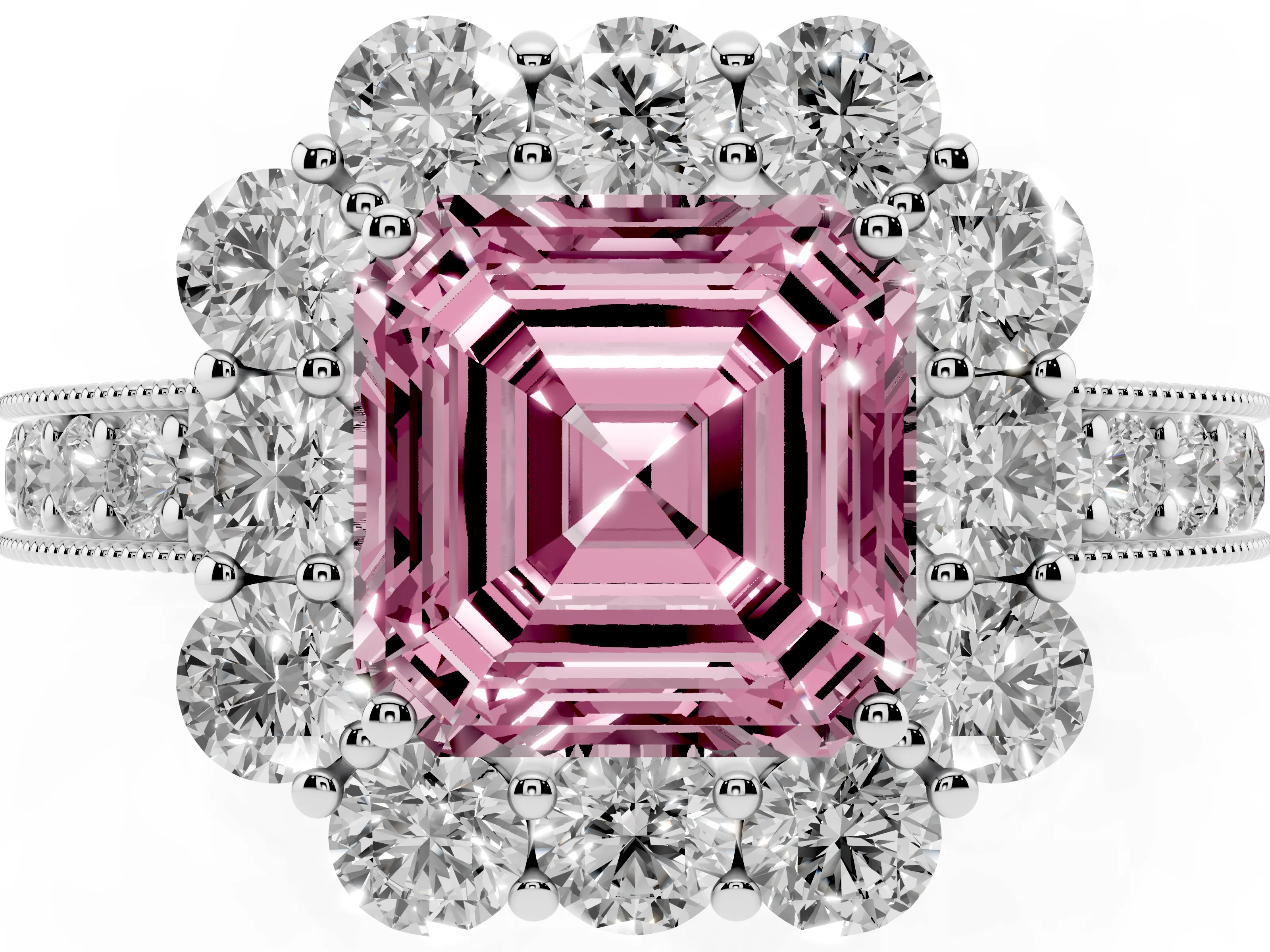 Fancy Pink Asscher Cut Diamond Halo Pavé Engagement Ring Set in White gold with Milgrain Detailing