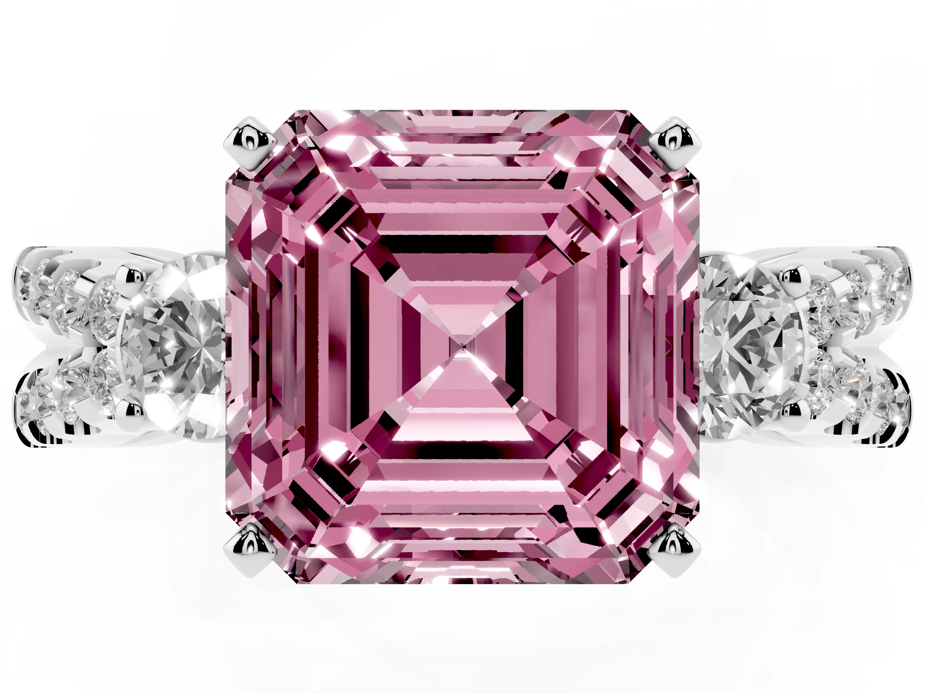 Fancy Pink Asscher Cut Diamond Three-Stone Ring Set in Platinum with Pavé Split Shank and Prong Setting