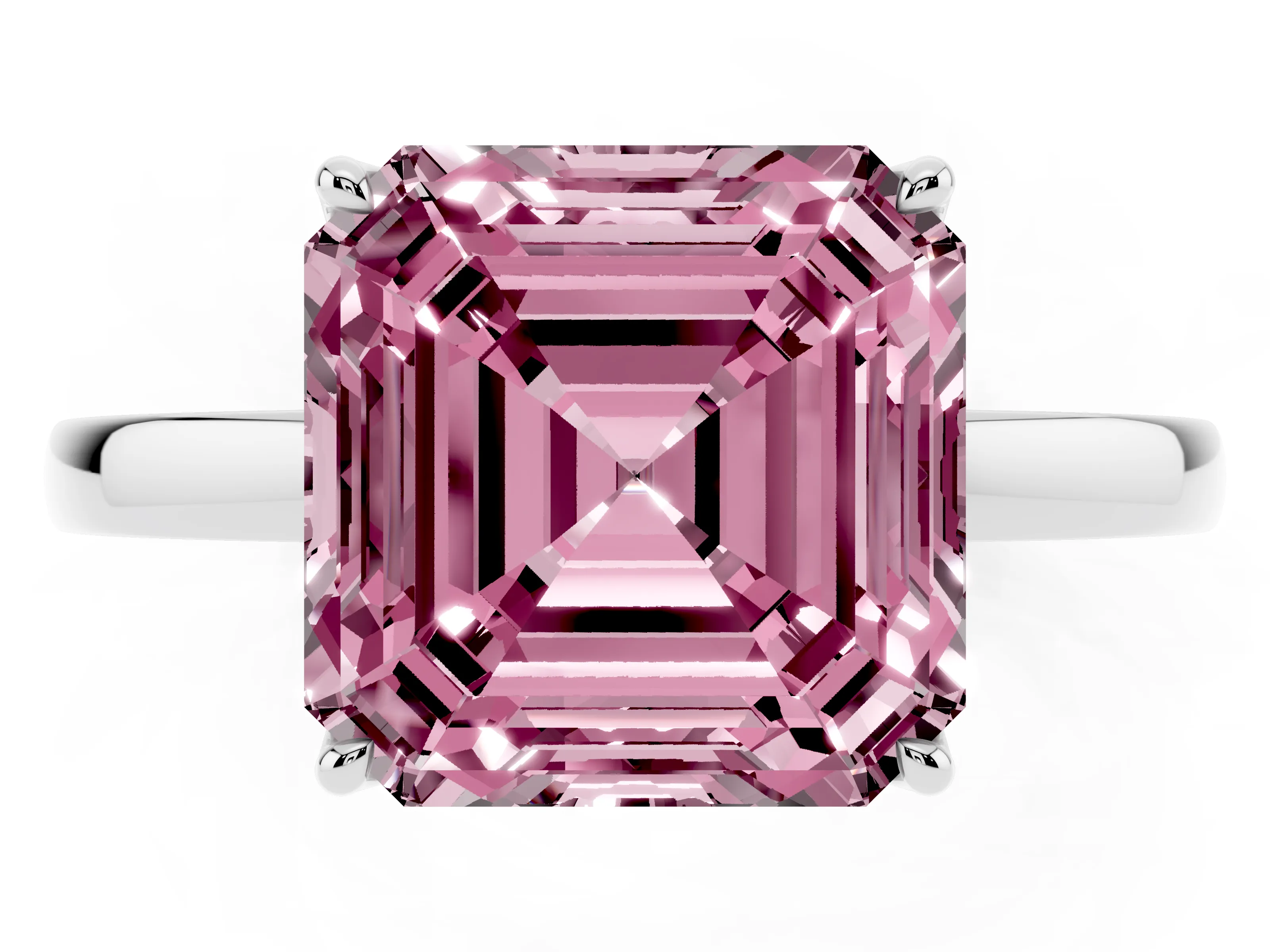 Fancy Pink Asscher Cut Diamond Solitaire Ring Set in Platinum with Prong Setting and Thin Polished Band