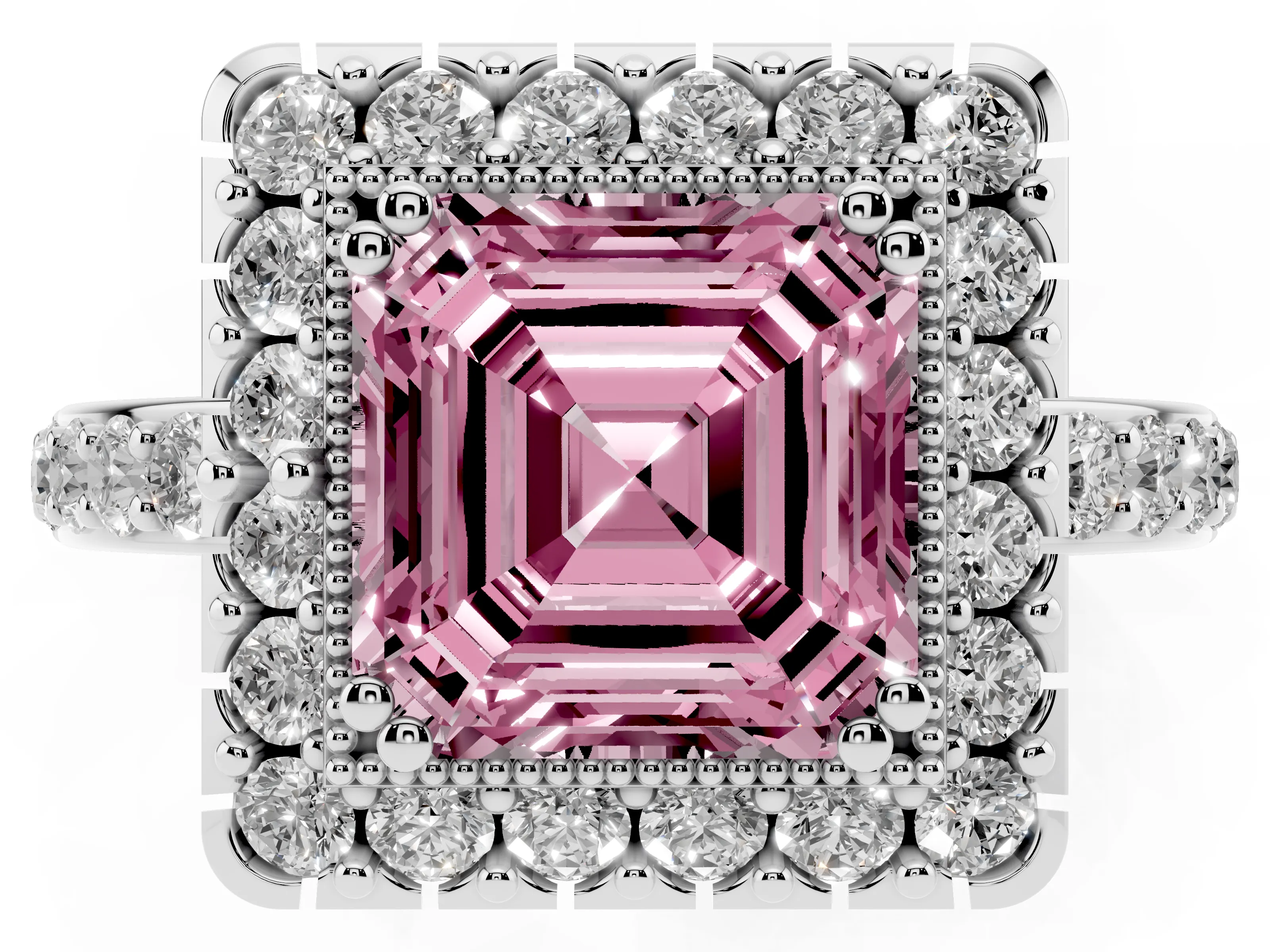 Fancy Pink Asscher Cut Diamond Halo Ring Set in Platinum with Pavé Shank and Prong Setting