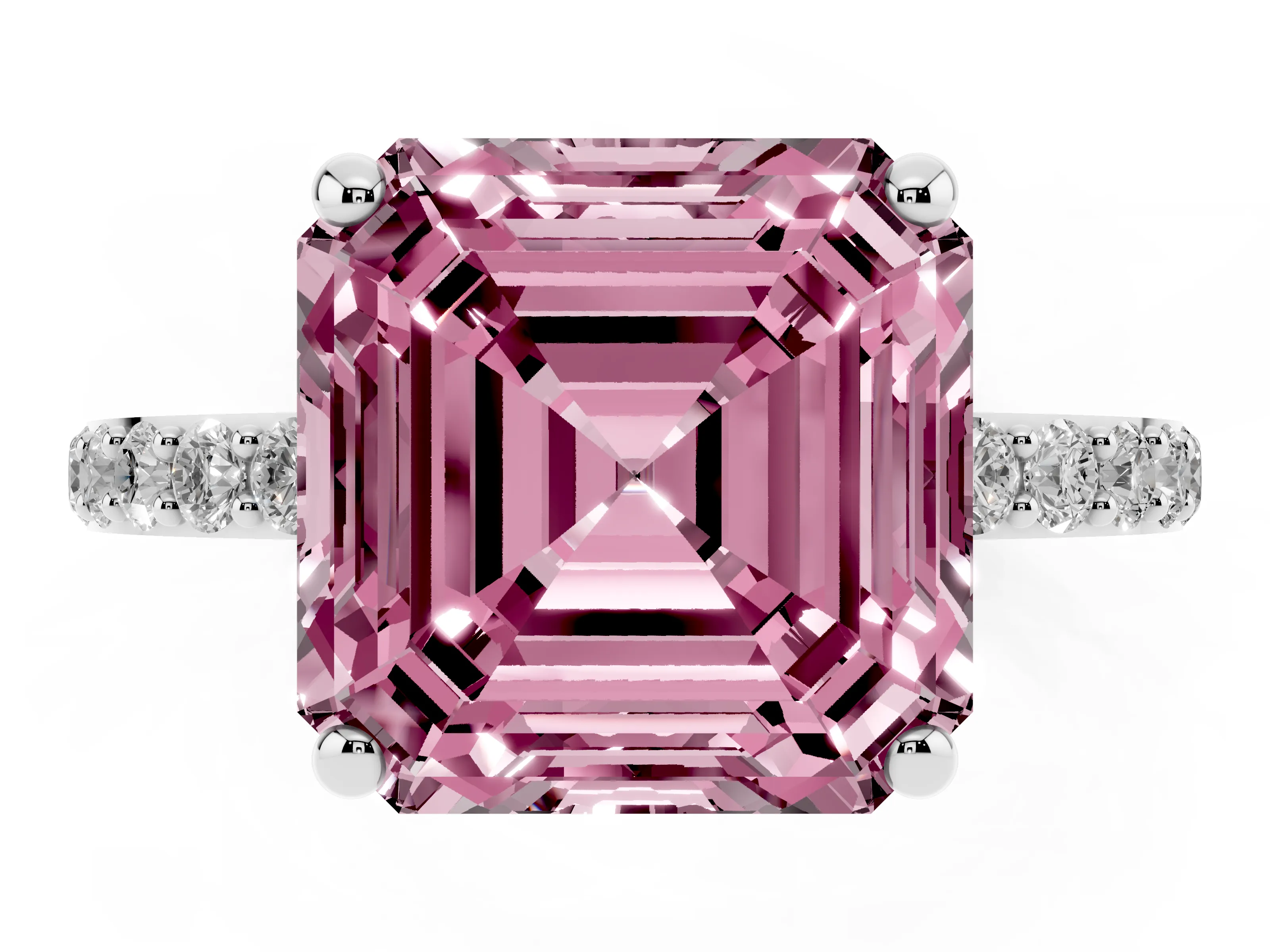 Fancy Pink Asscher Cut Diamond Solitaire Ring Set in Silver with Round Pavé Band and Prong Setting