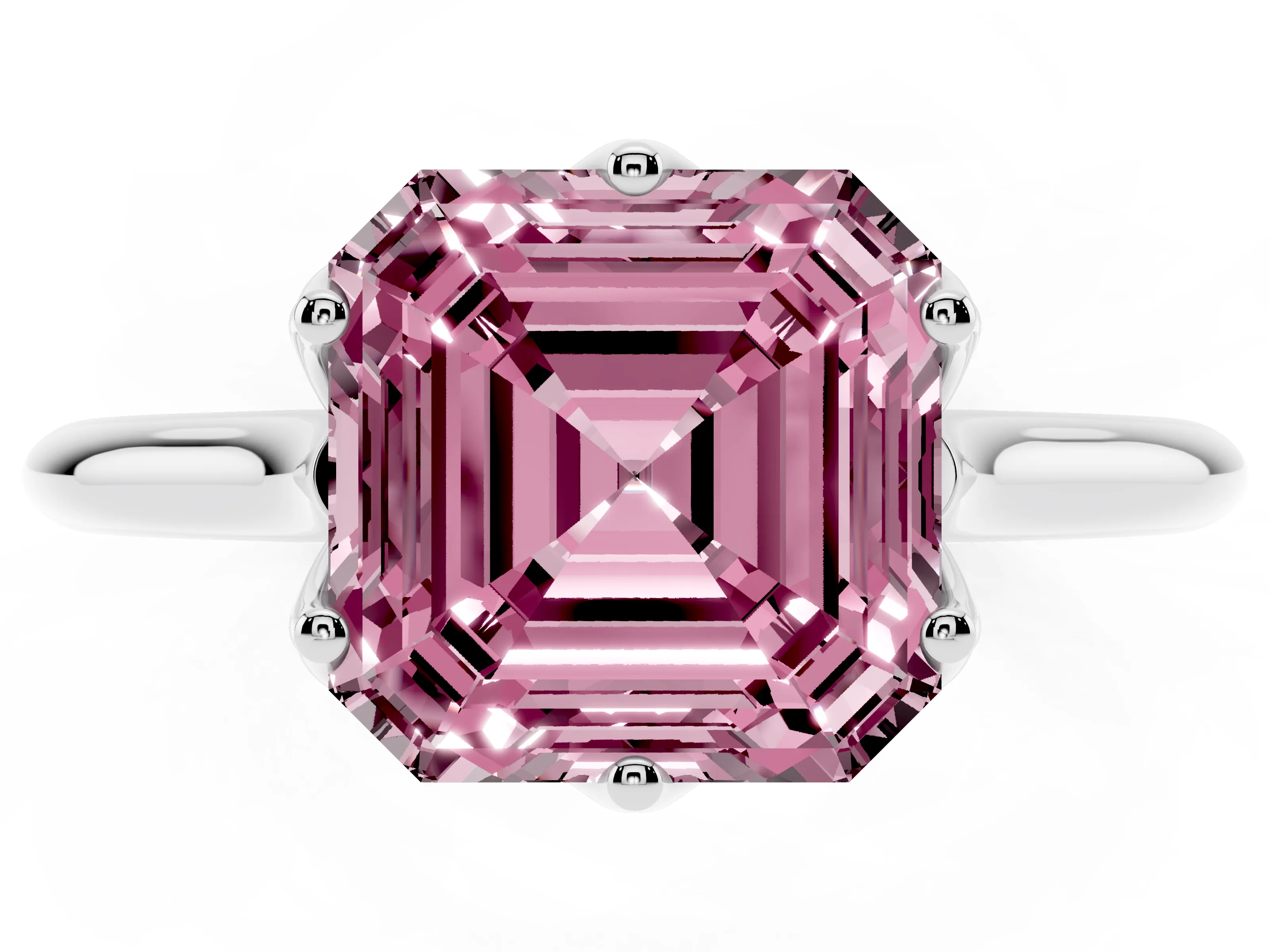 Fancy Pink Asscher Cut Diamond Solitaire Cathedral Ring Set in Platinum with Prong Setting