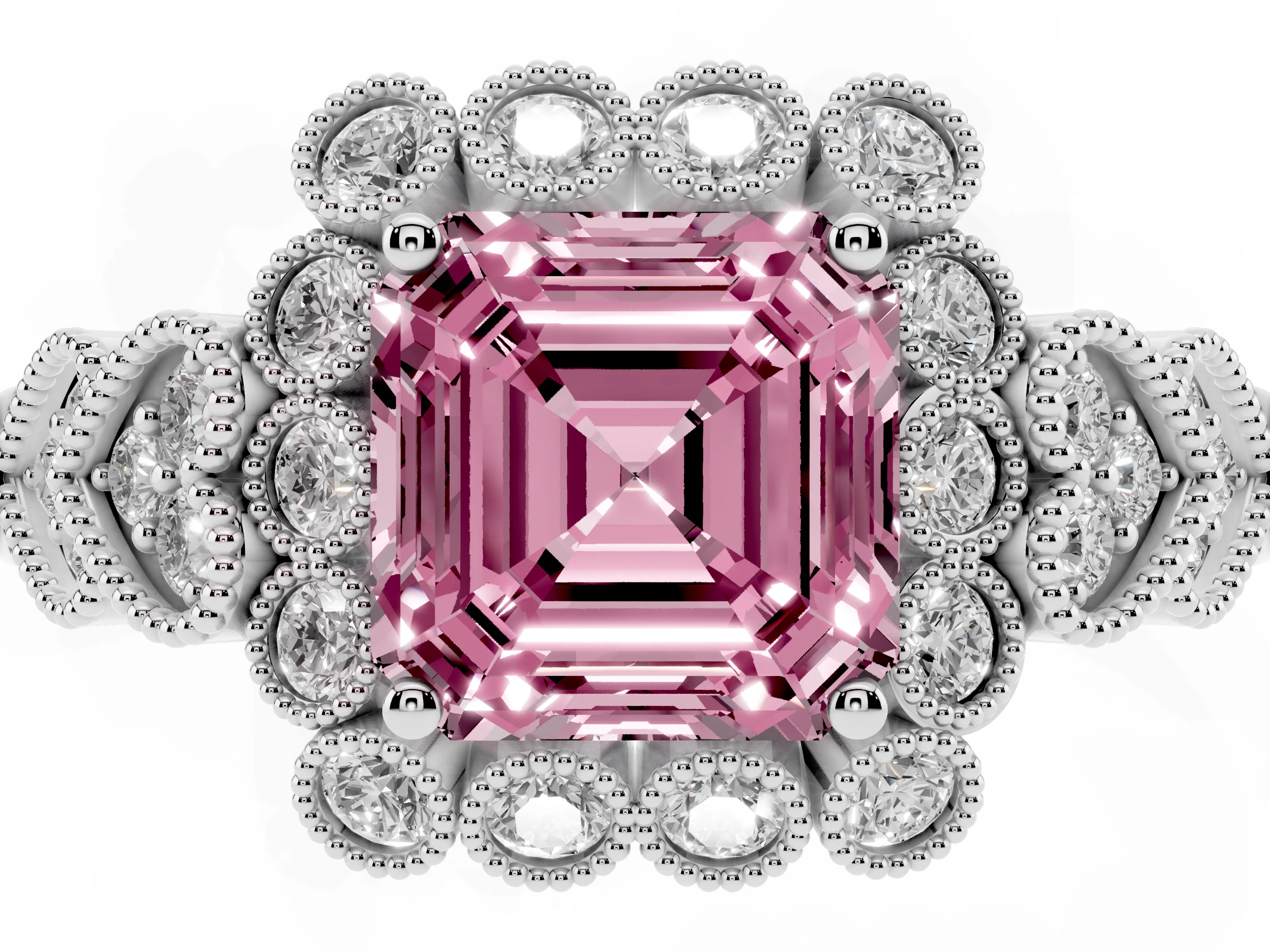 Fancy Pink Asscher Cut Diamond Solitaire Ring Set in Platinum with Milgrain Pavé Heart Band