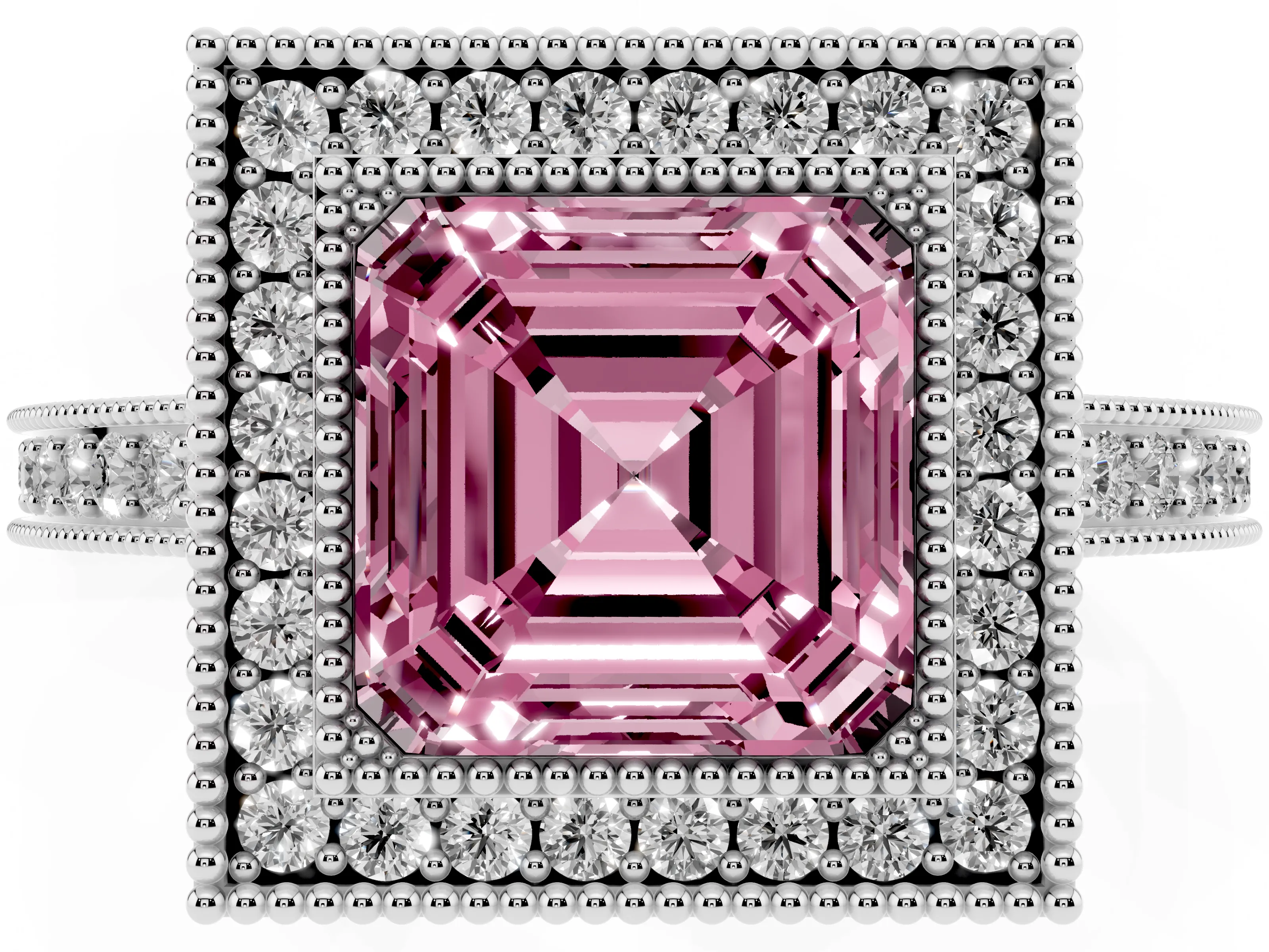 Fancy Pink Asscher Cut Diamond Round Halo Ring Set in White gold with Pavé Band