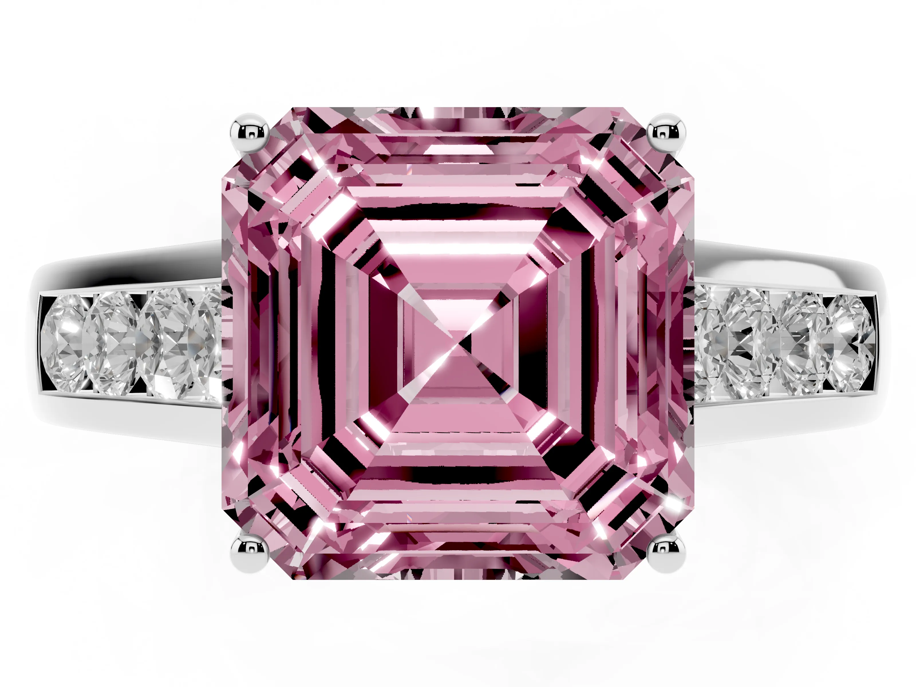 Fancy Pink Asscher Cut Diamond Brilliant Channel-Set Solitaire Ring Set in White gold with Prong Setting