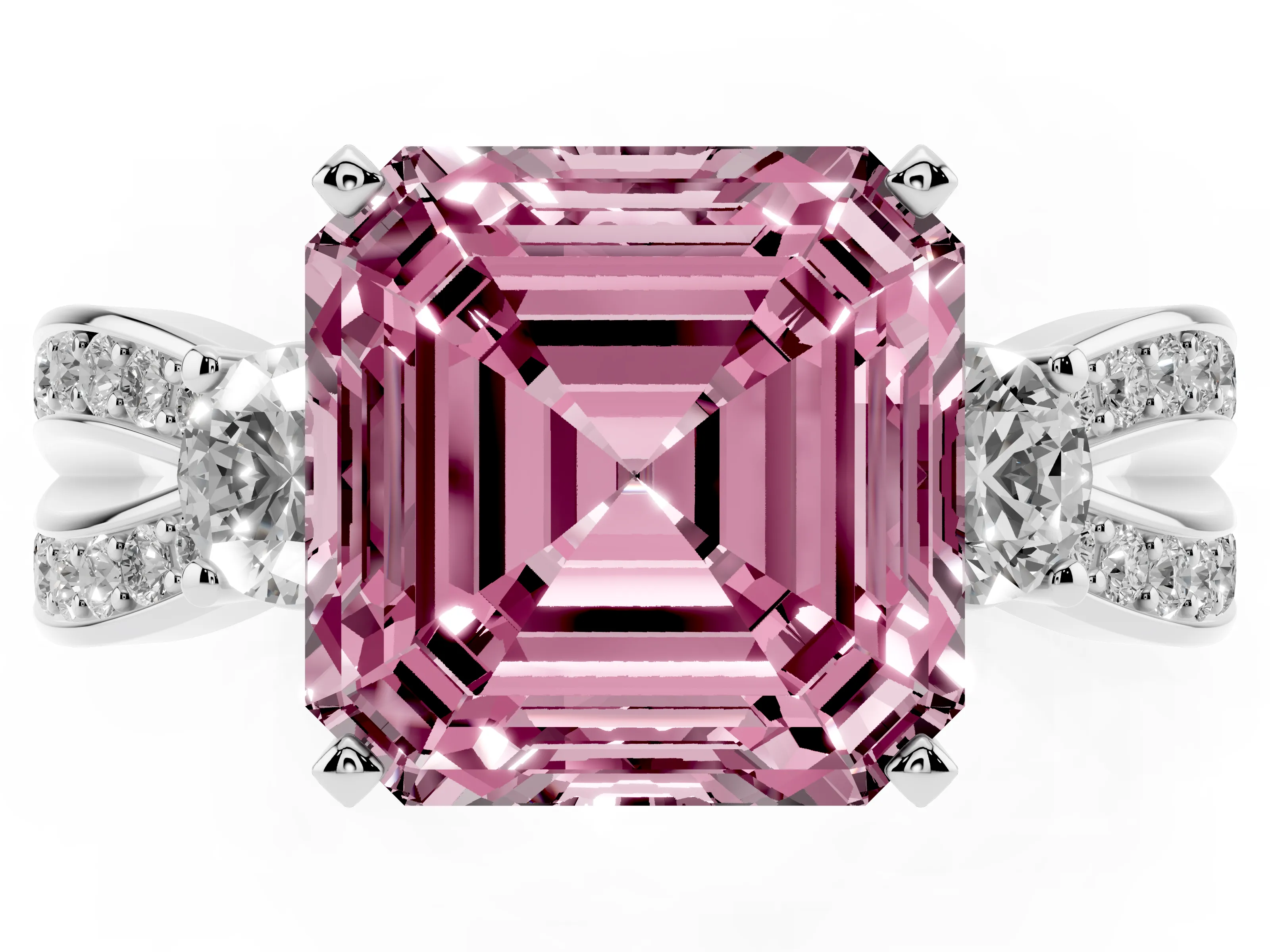 Fancy Pink Three-Stone Asscher Cut Diamond Twist Band Ring Set in Silver with Pavé Accents and Prong Setting
