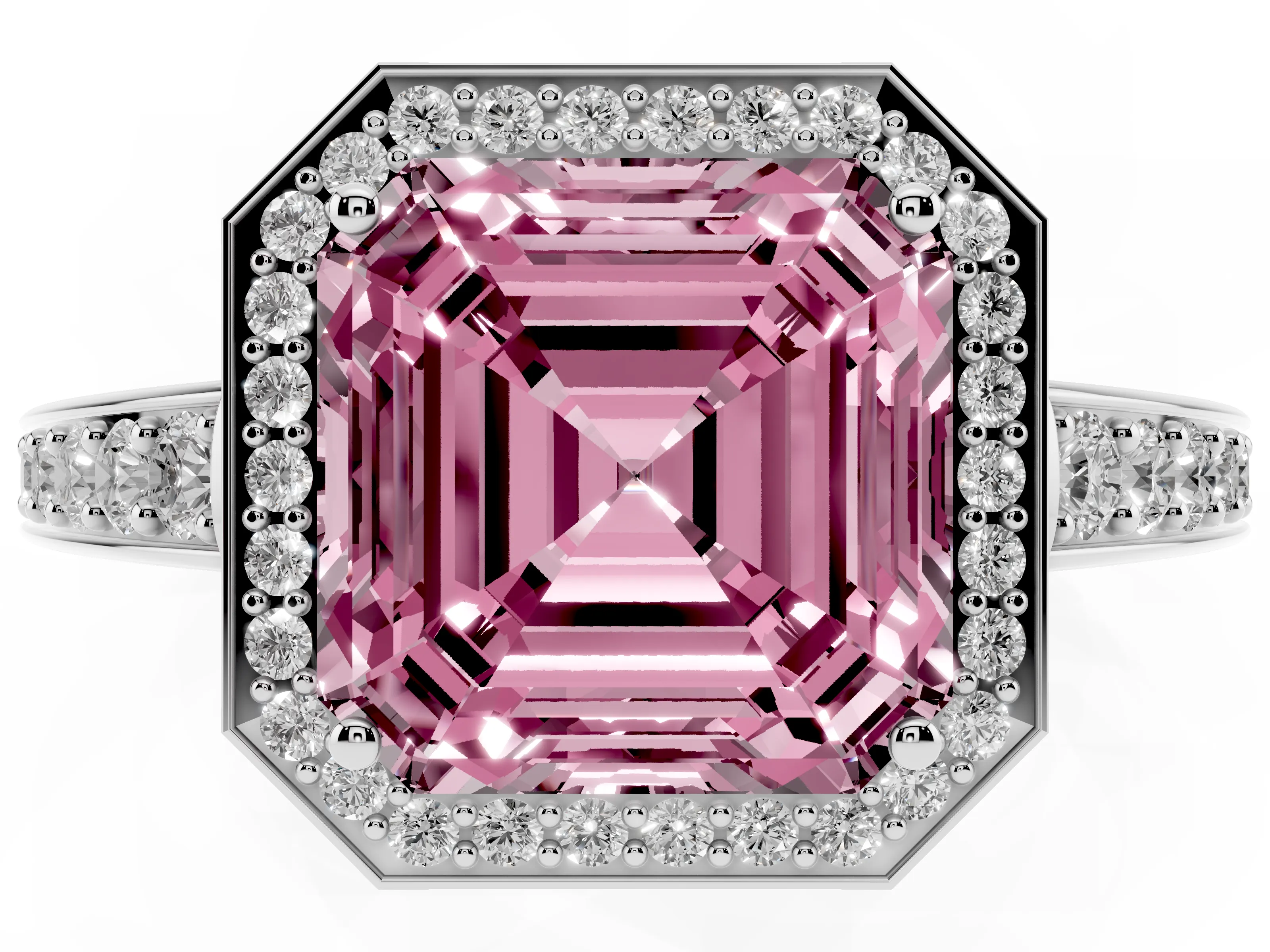 Fancy Pink Asscher Cut Diamond Halo Pavé Engagement Ring Set in Silver with Bezel Setting