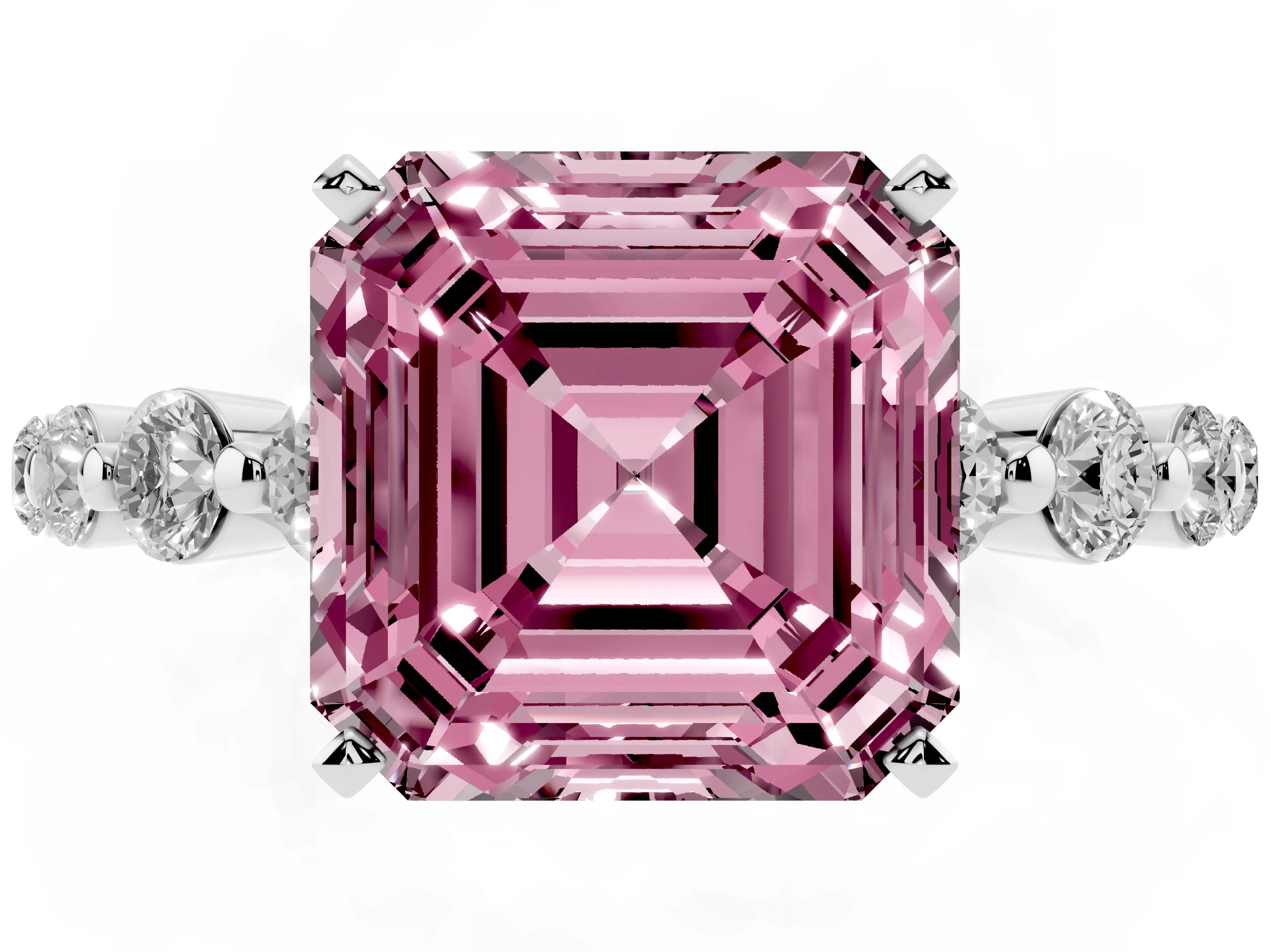 Fancy Pink Asscher Cut Diamond Solitaire Ring Set in Platinum with Pavé Band and Prong Setting