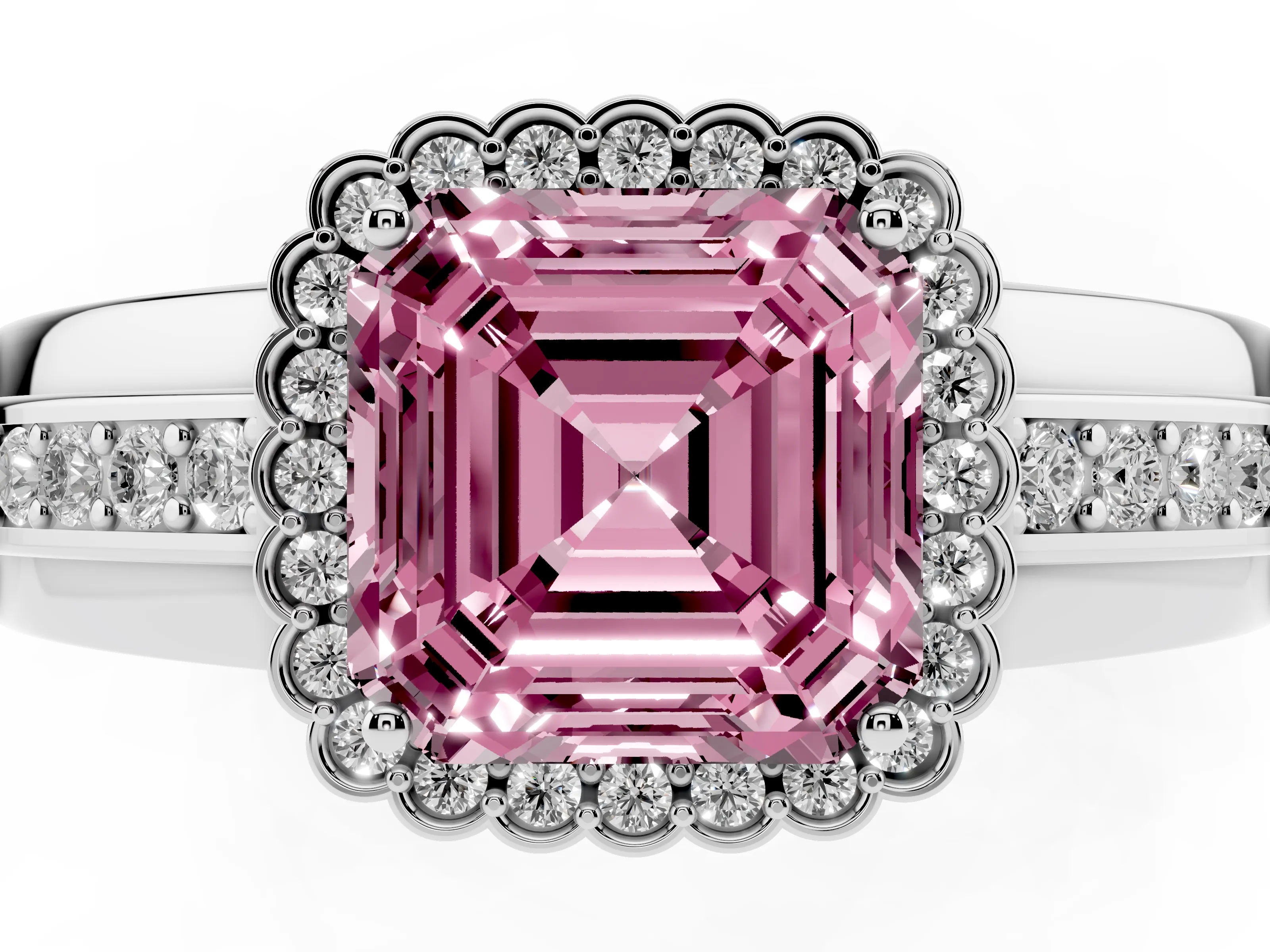 Fancy Pink Asscher Cut Diamond Halo Prong Ring Set in Silver with Pavé Band