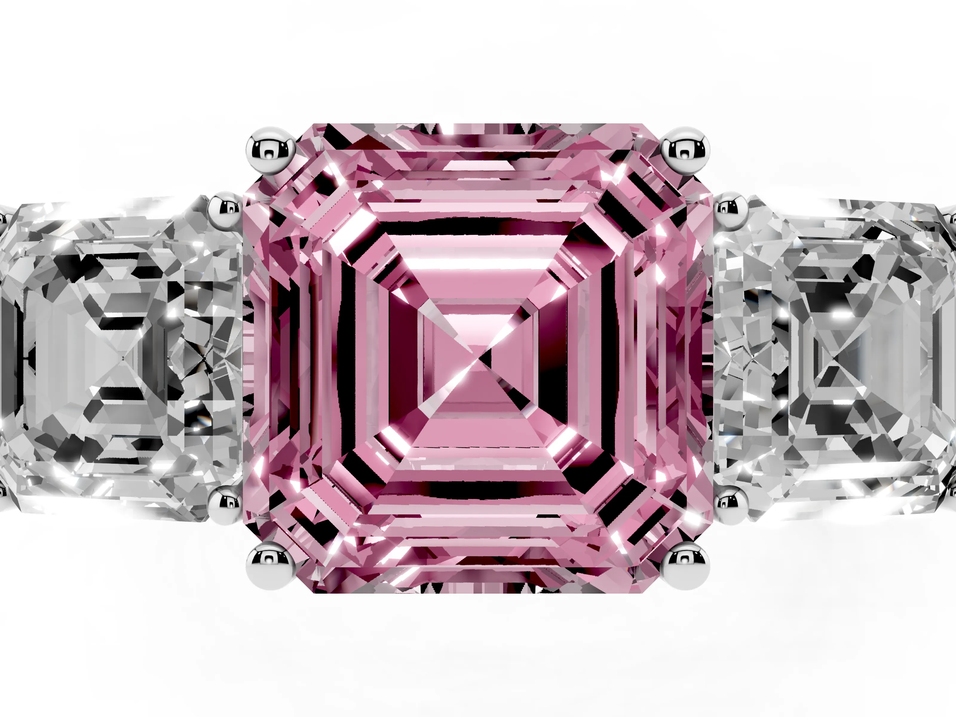 Fancy Pink Asscher Cut Diamond Three-Stone Engagement Ring Set in Platinum with Flat Band