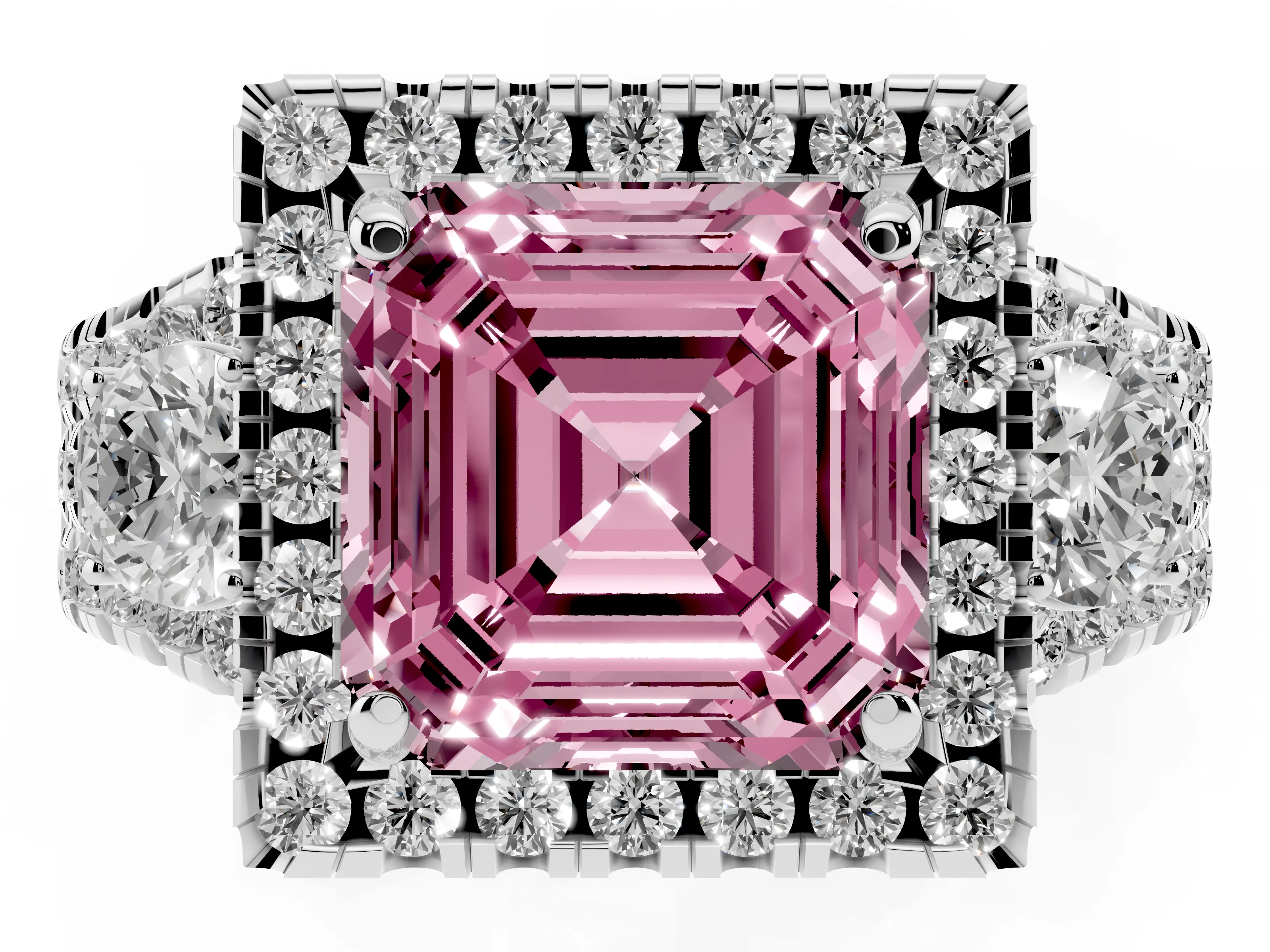 Fancy Pink Asscher Cut Diamond Halo Split Shank Ring Set in White gold with Round Accent Stones and Prong Setting