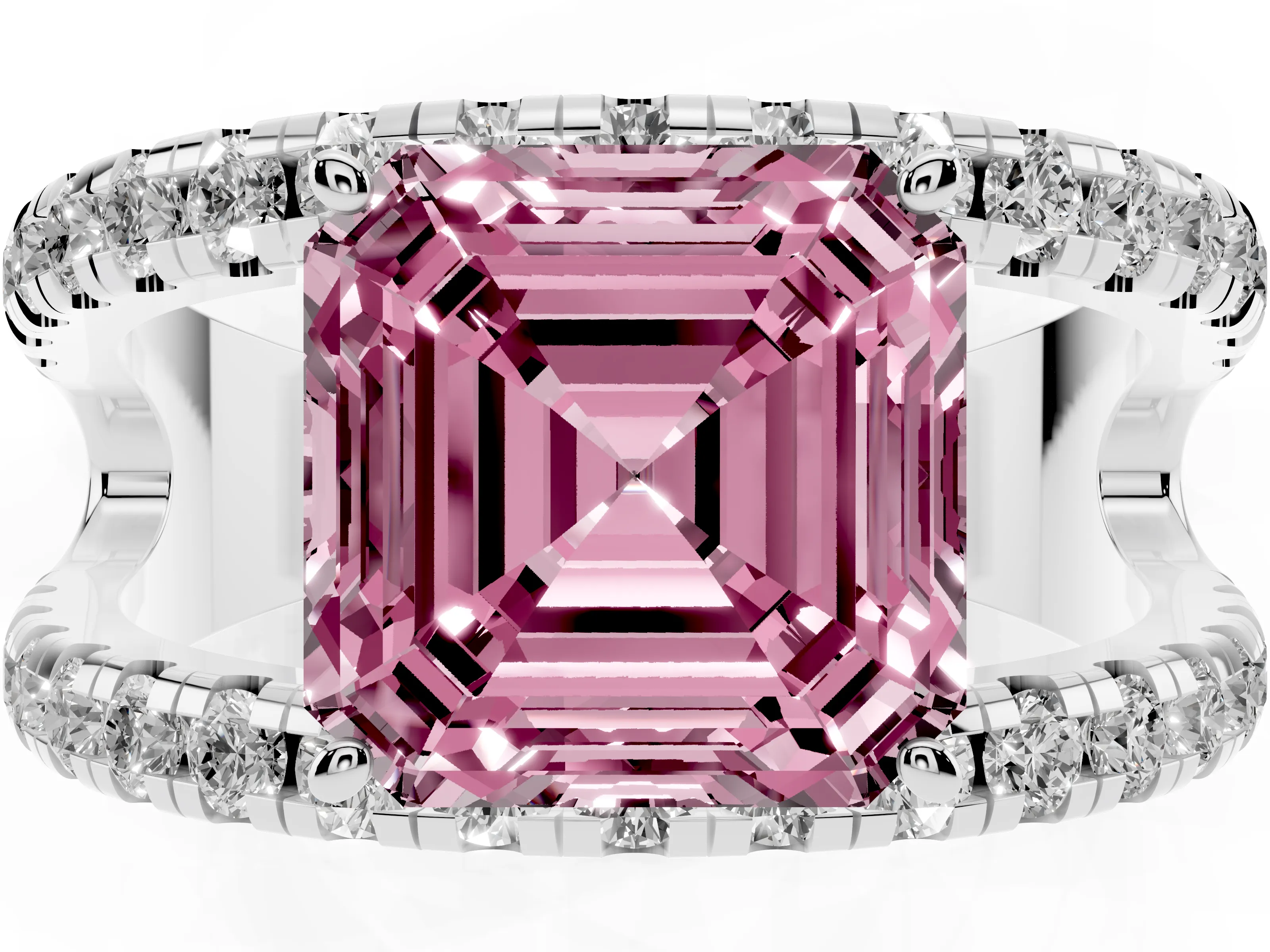 Fancy Pink Asscher Cut Diamond Split Shank Pavé Solitaire Ring Set in Platinum with Open Shank Design