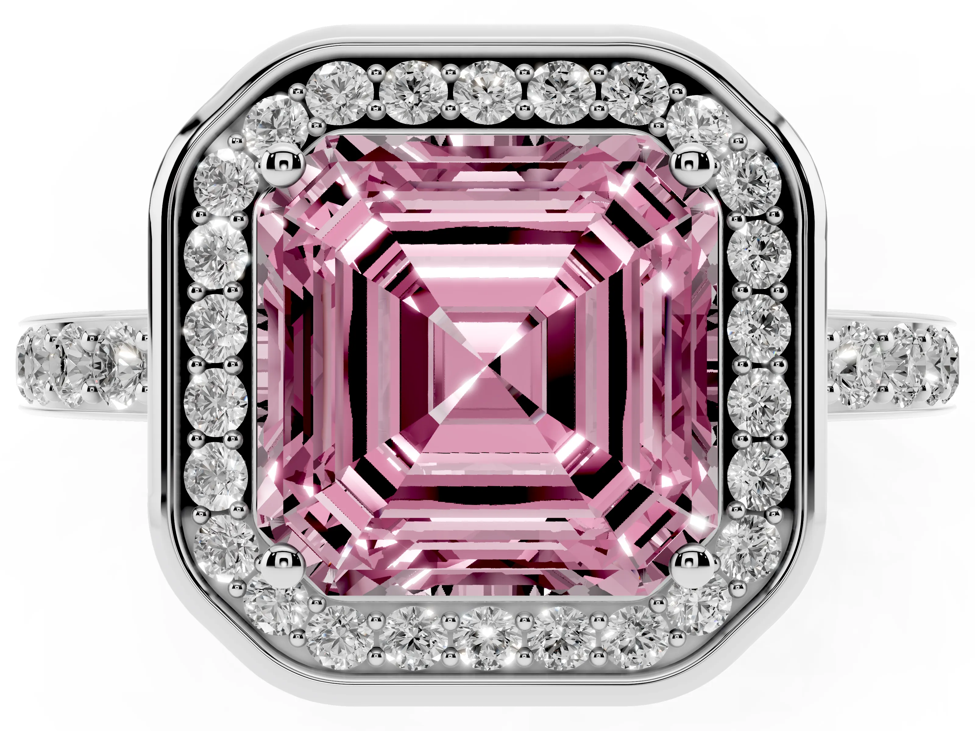 Fancy Pink Asscher Cut Diamond Halo Ring Set in White gold with Bezel Frame and Pavé Band