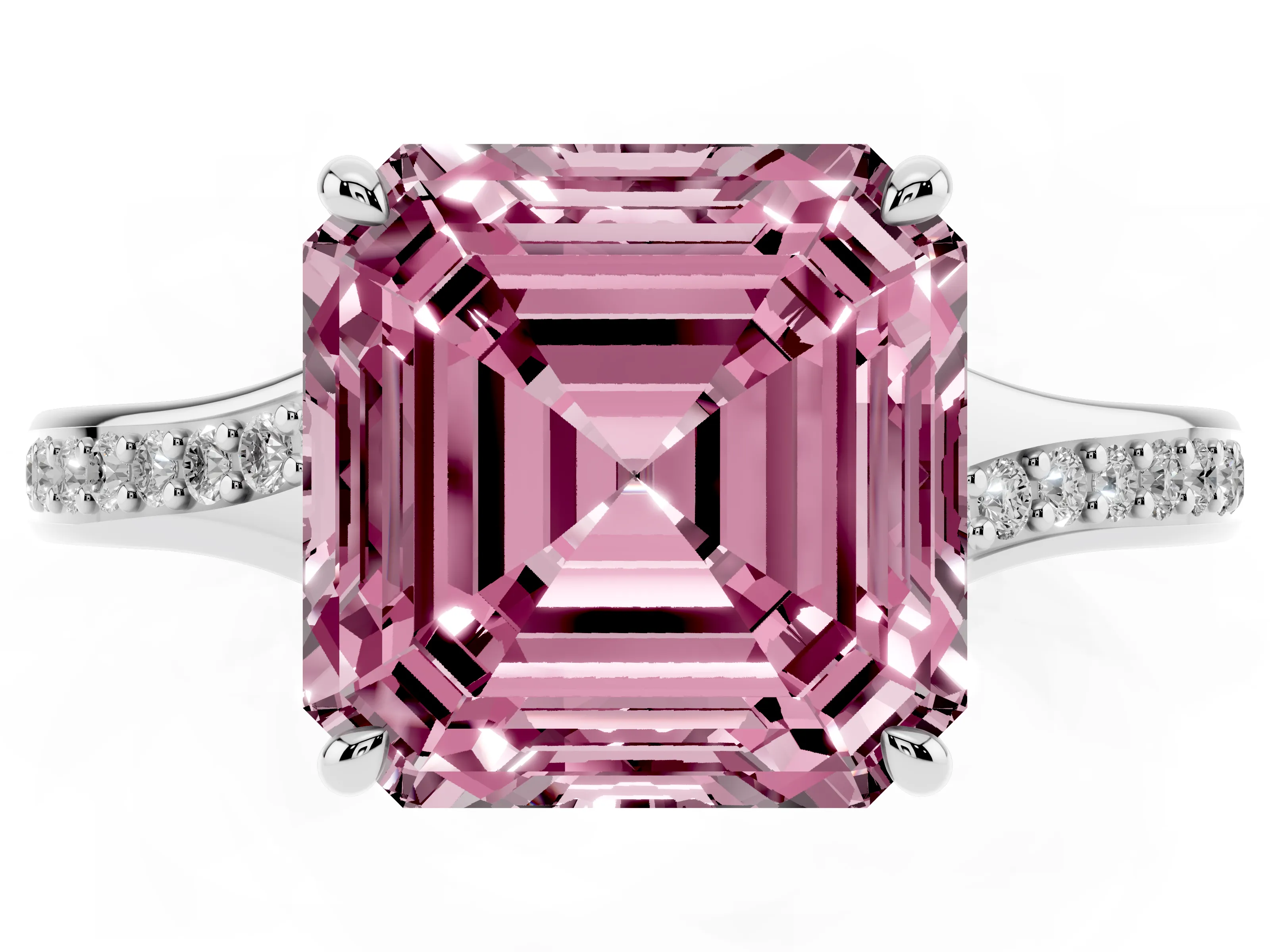 Fancy Pink Asscher Cut Diamond Solitaire Ring Set in White gold with Pavé Accent Band and Classic Prong Setting