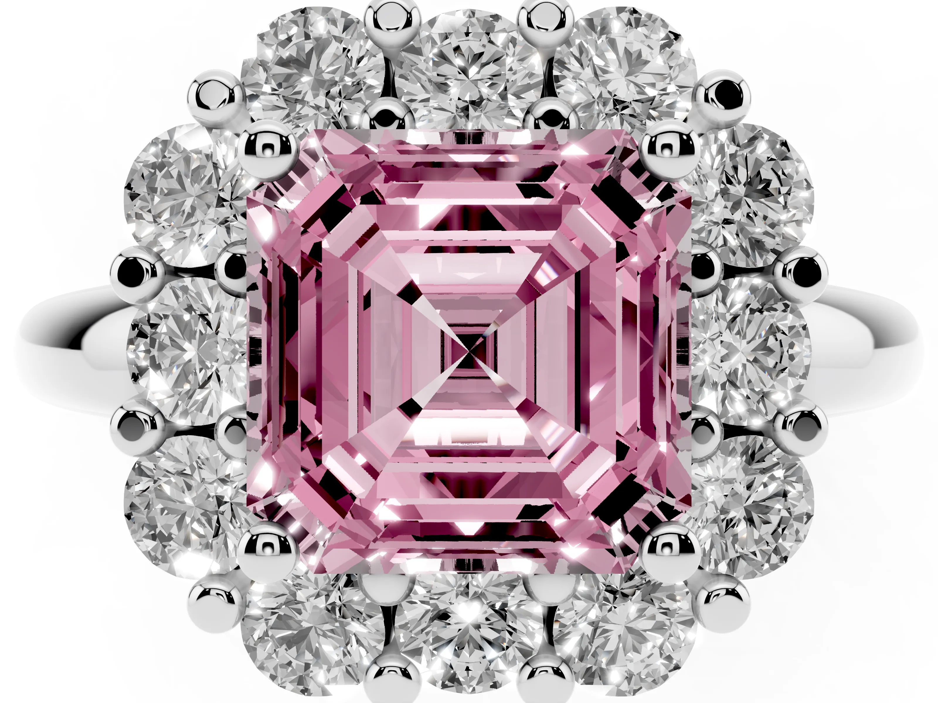 Fancy Pink Asscher Cut Diamond Halo Cluster Engagement Ring Set in White gold with Polished Band and Prong Setting