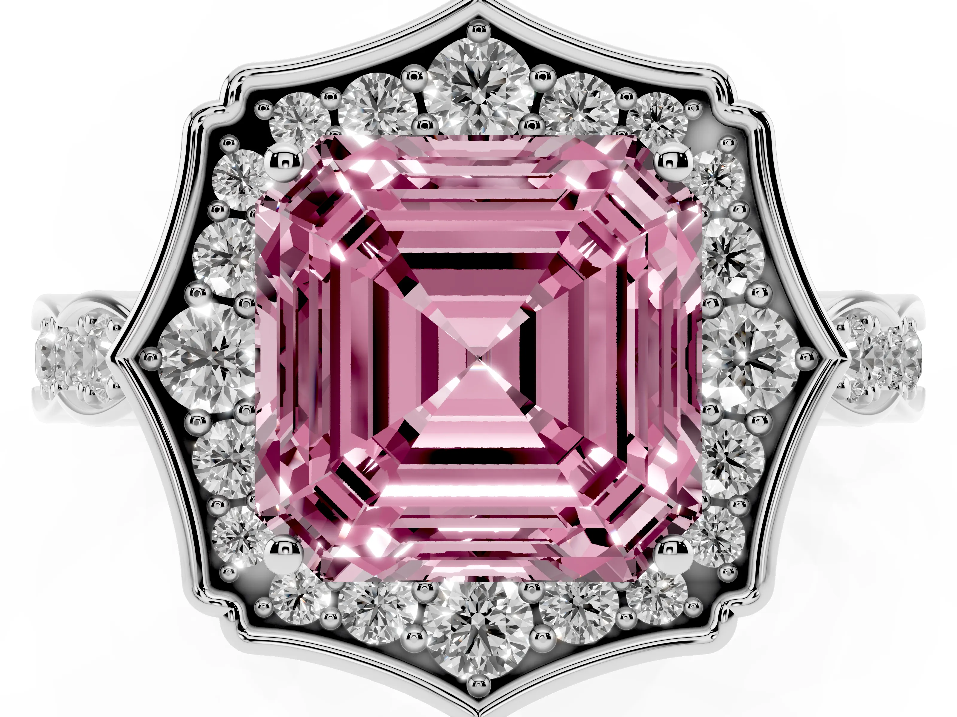 Fancy Pink Asscher Cut Diamond Halo Engagement Ring Set in Platinum with Milgrain Band and Prong Setting