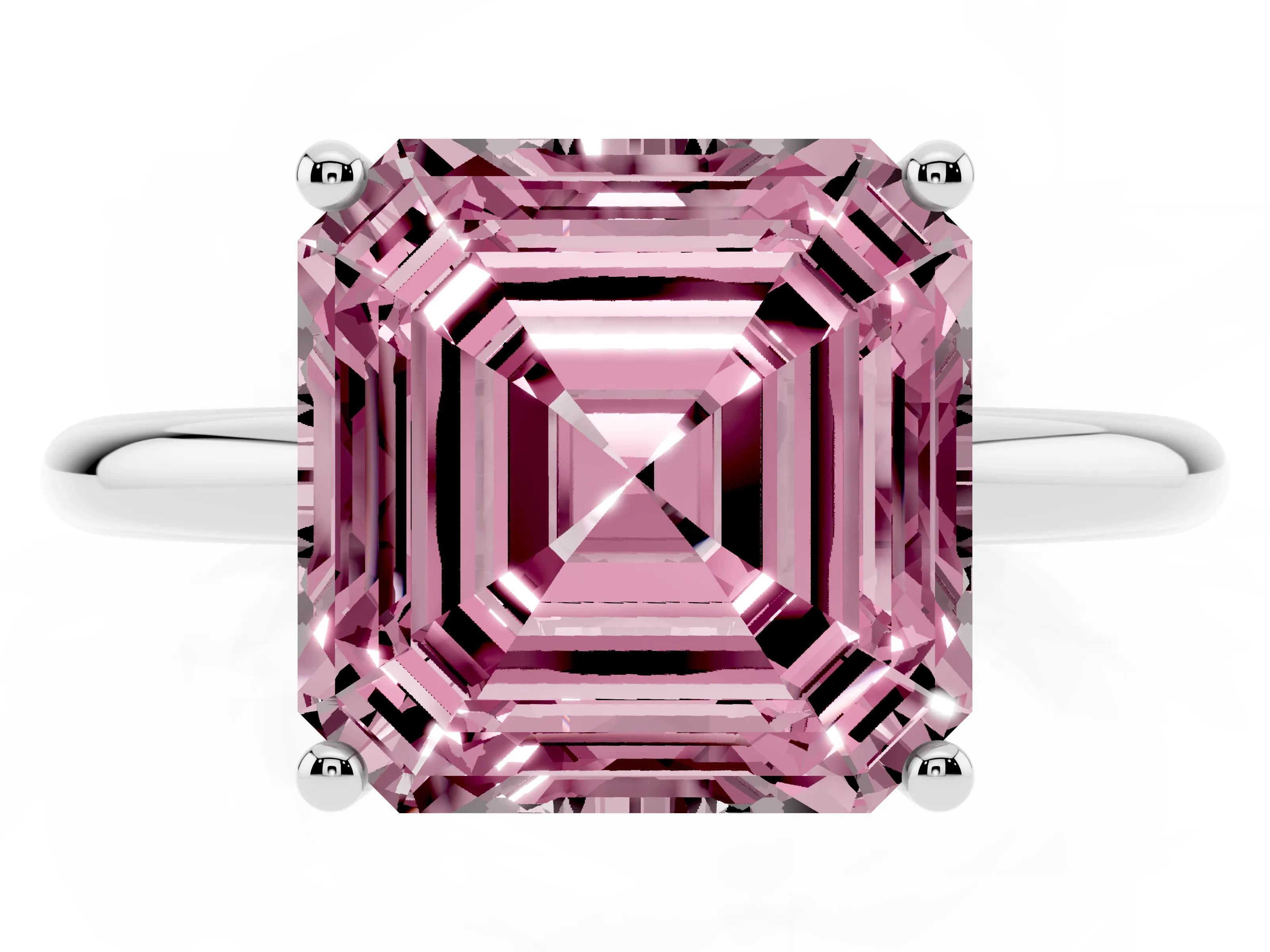 Fancy Pink Asscher Cut Diamond Solitaire Engagement Ring Set in White gold with Prong Setting and Polished Band