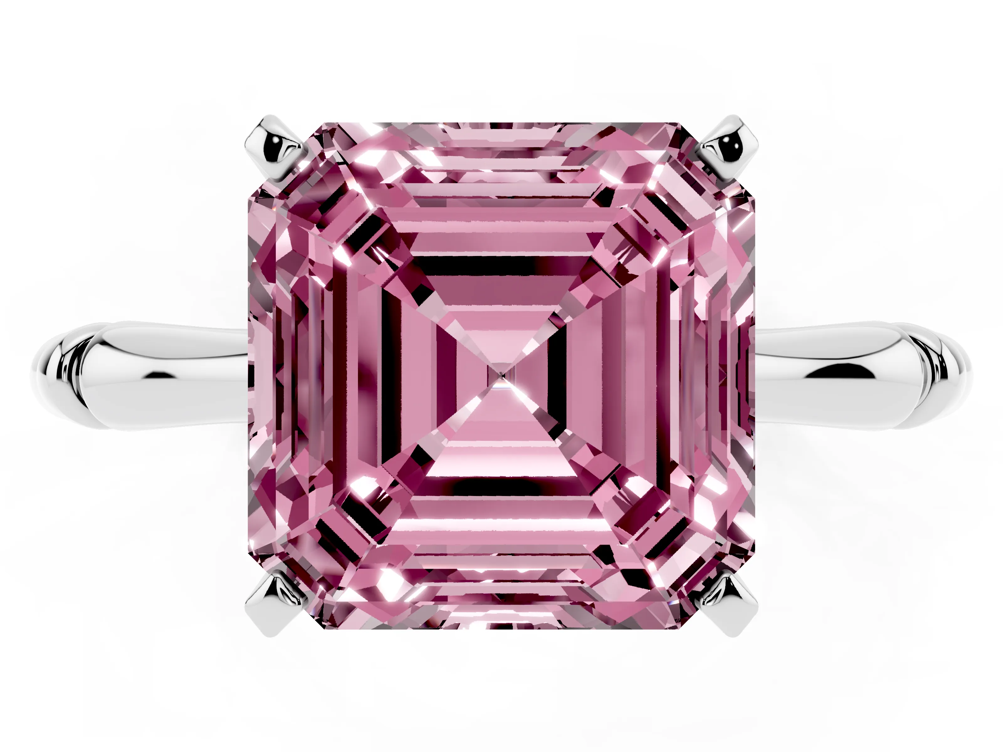 Fancy Pink Asscher Cut Diamond Solitaire Ring Set in White gold with Bamboo Band and Prong Setting