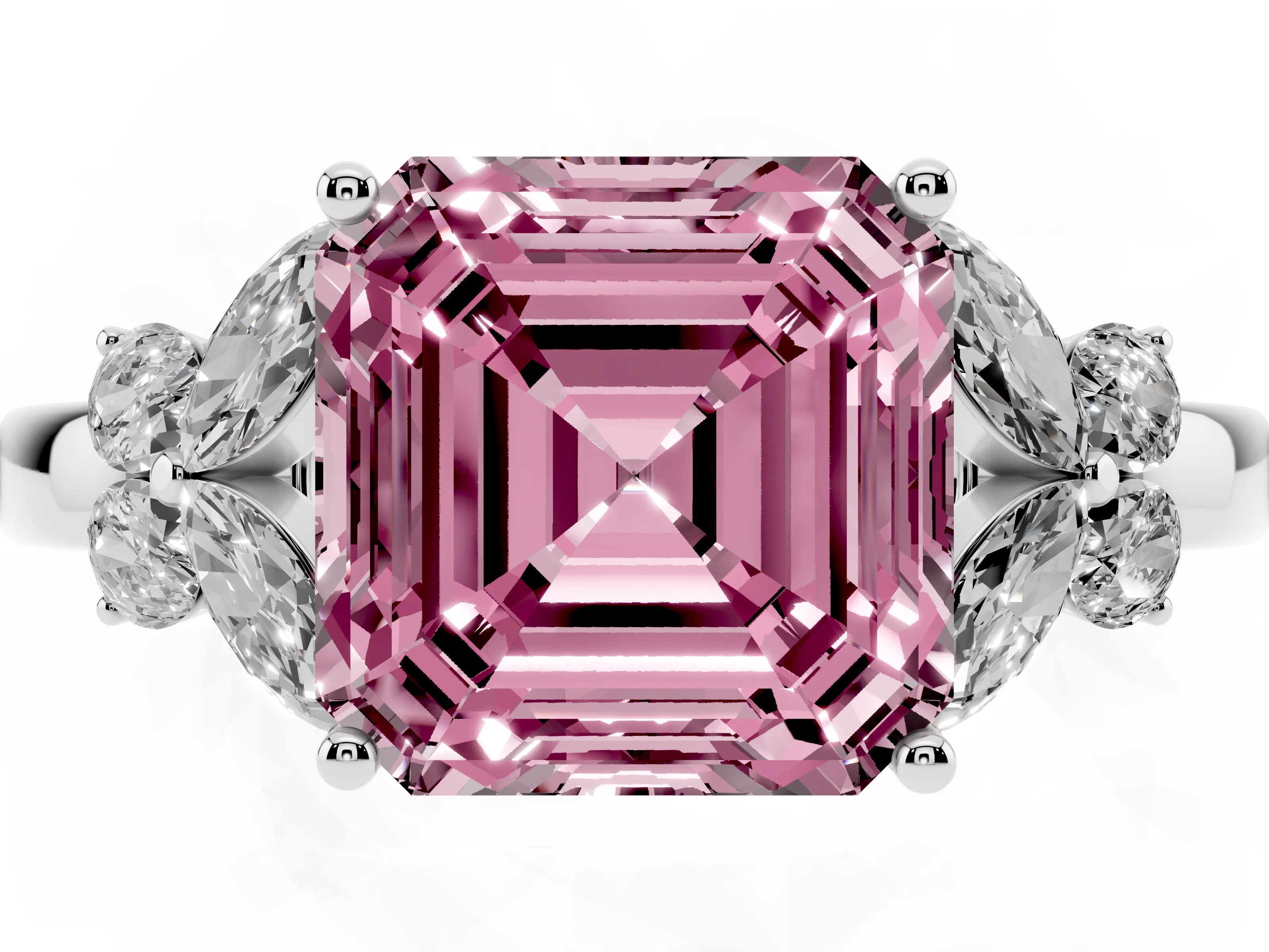Fancy Pink Asscher Cut Diamond Solitaire Floral Ring Set in White gold with Marquise Petals and Prong Setting