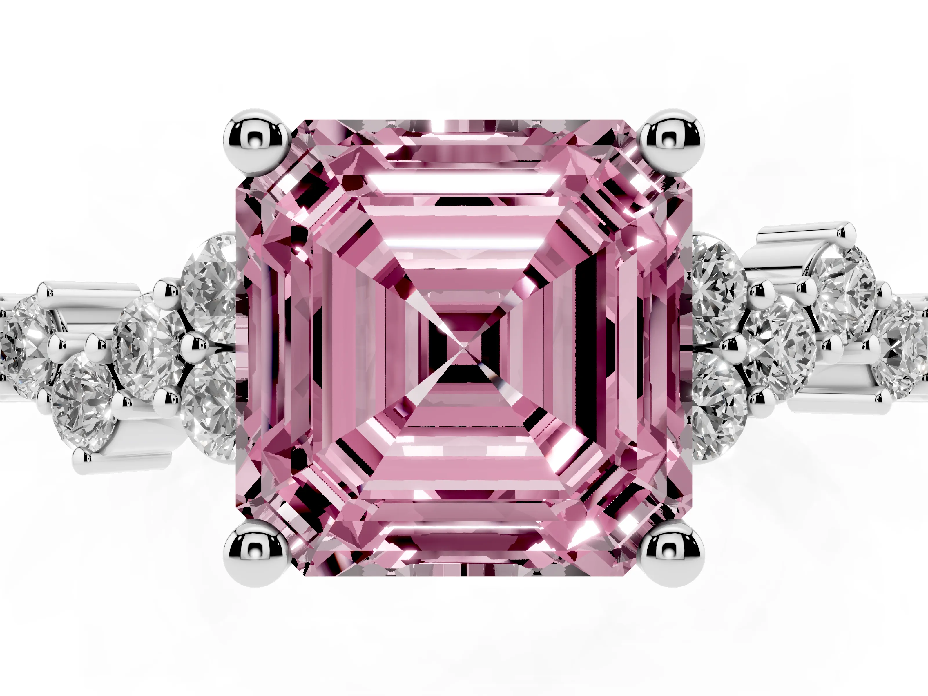 Fancy Pink Asscher Cut Diamond Ring Set in White gold with Scattered Round Accents
