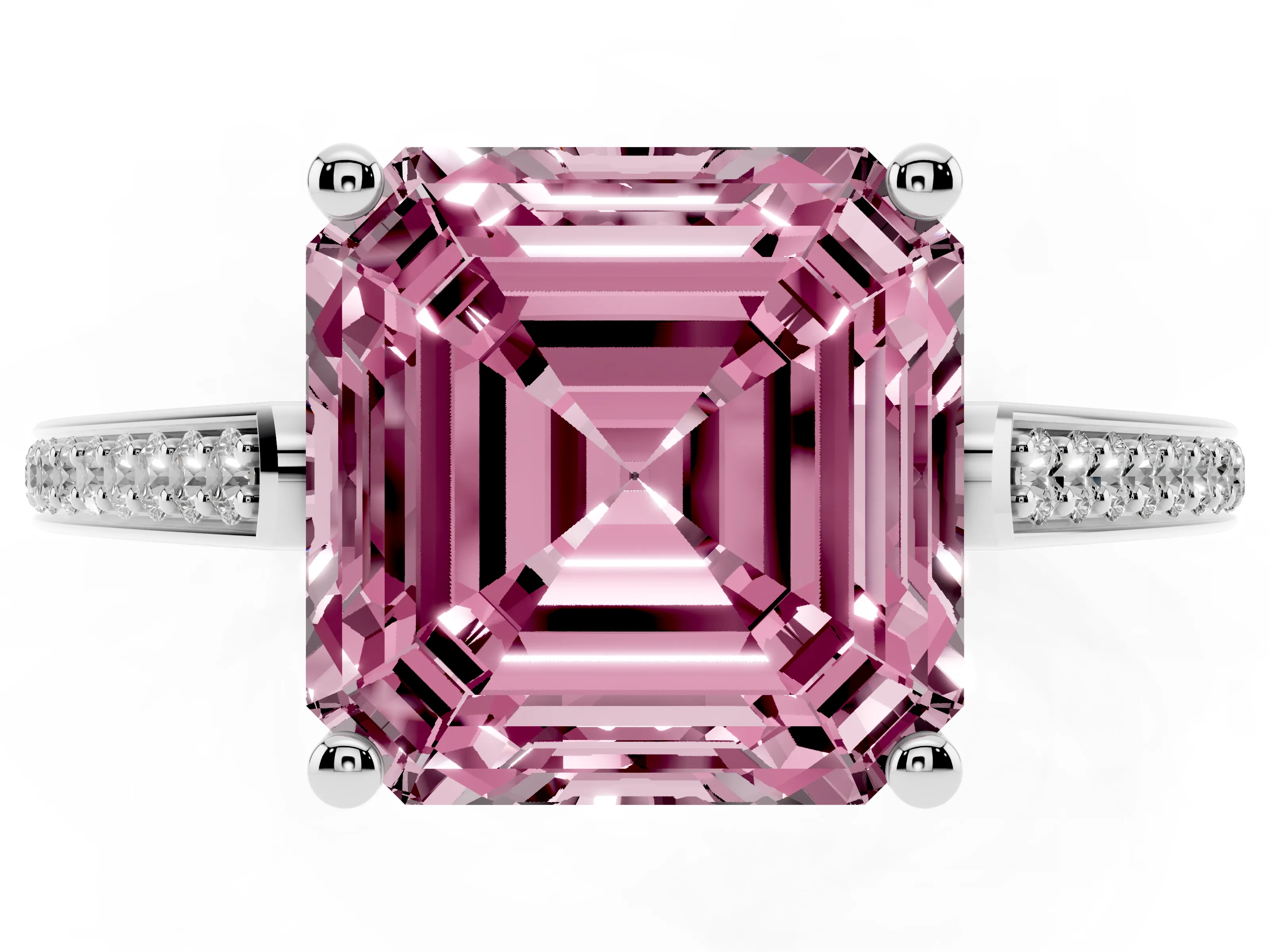 Fancy Pink Asscher Cut Diamond Cathedral Pavé Engagement Ring Set in Silver with Prong Setting