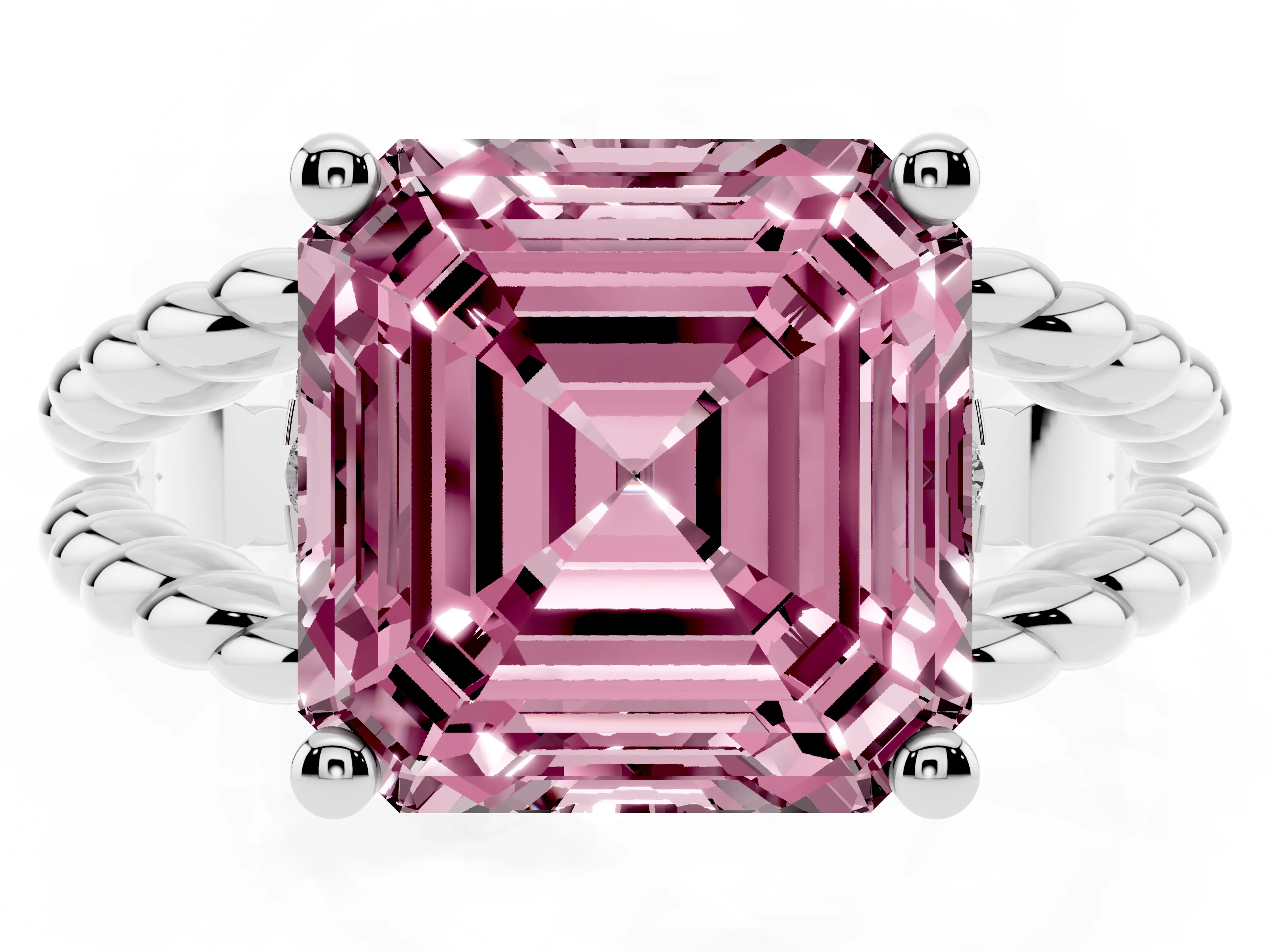 Fancy Pink Asscher Cut Diamond Halo Ring Set in White gold with Twisted Band and Prong Setting