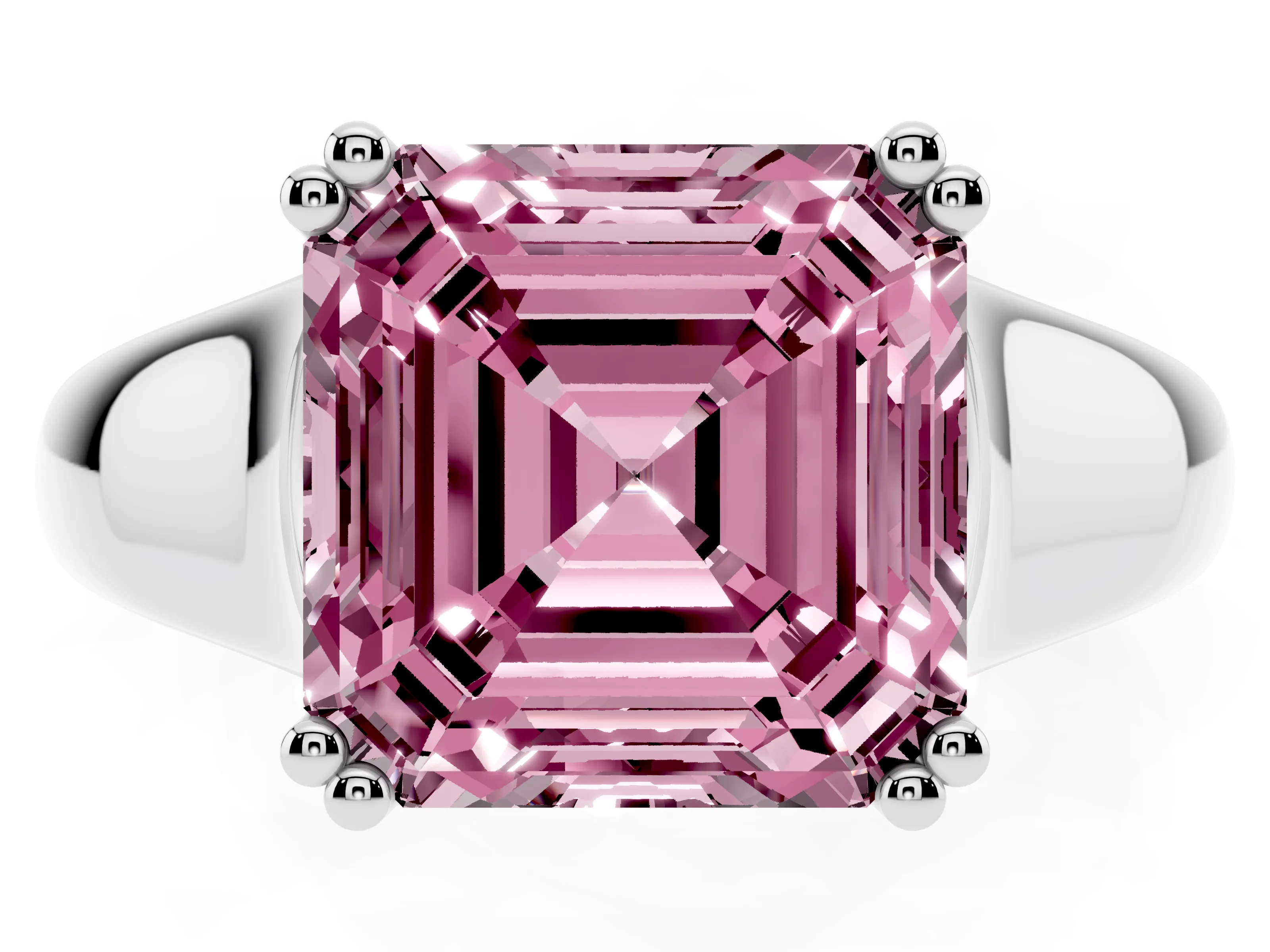 Fancy Pink Asscher Cut Diamond Solitaire Ring Set in Platinum with Wide Band and Prong Setting