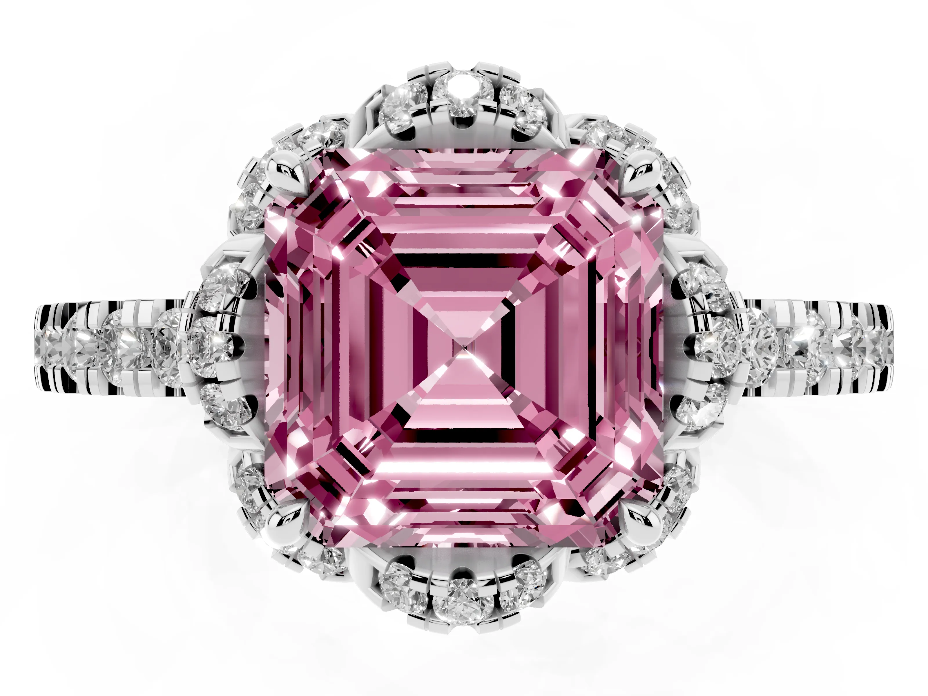 Fancy Pink Asscher Cut Diamond Halo Pavé Ring Set in White gold with Prong-Held Center Stone