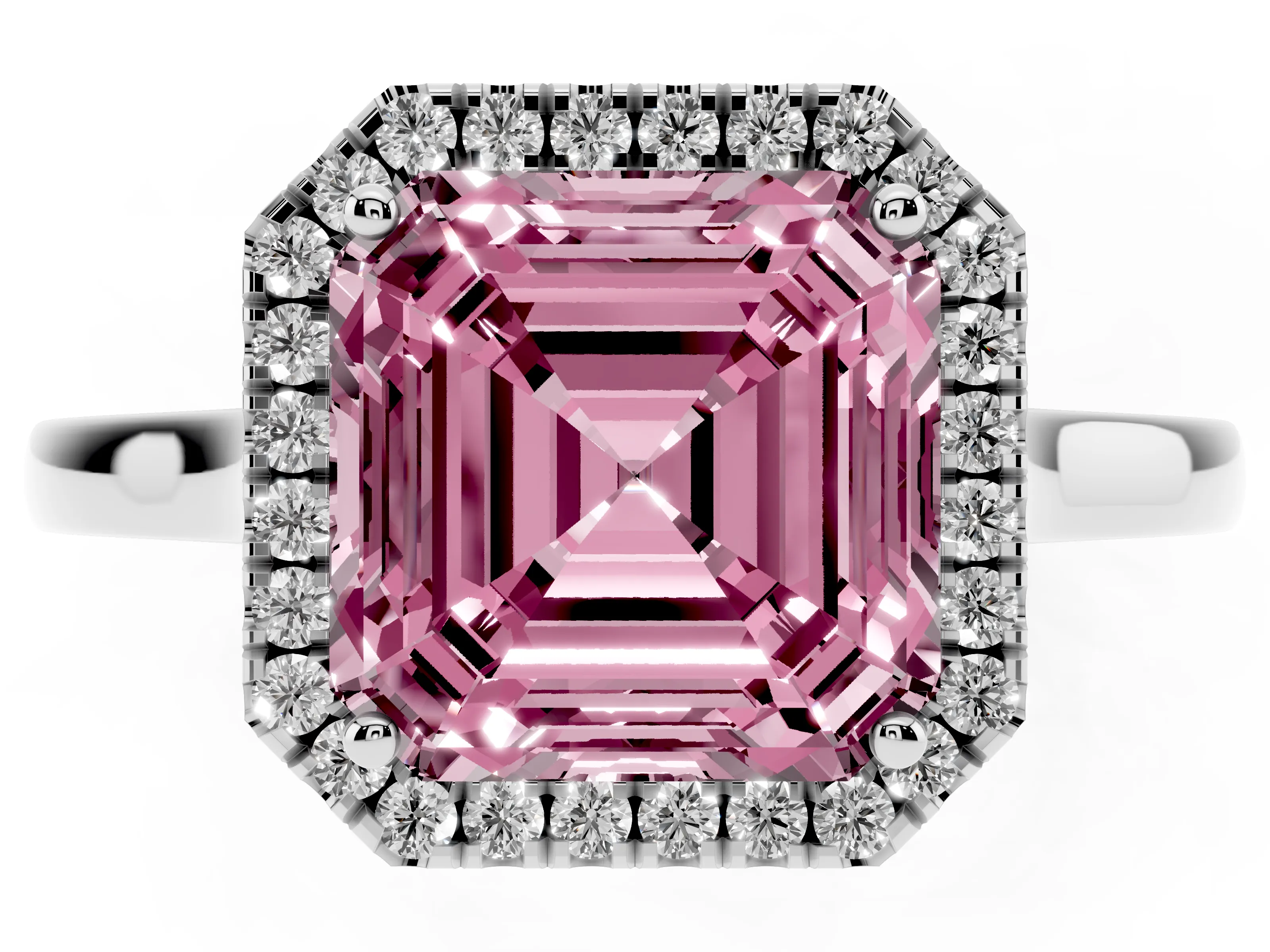 Fancy Pink Asscher Cut Halo Round Diamond Solitaire Ring Set in Silver with Pavé Band and Prong Setting