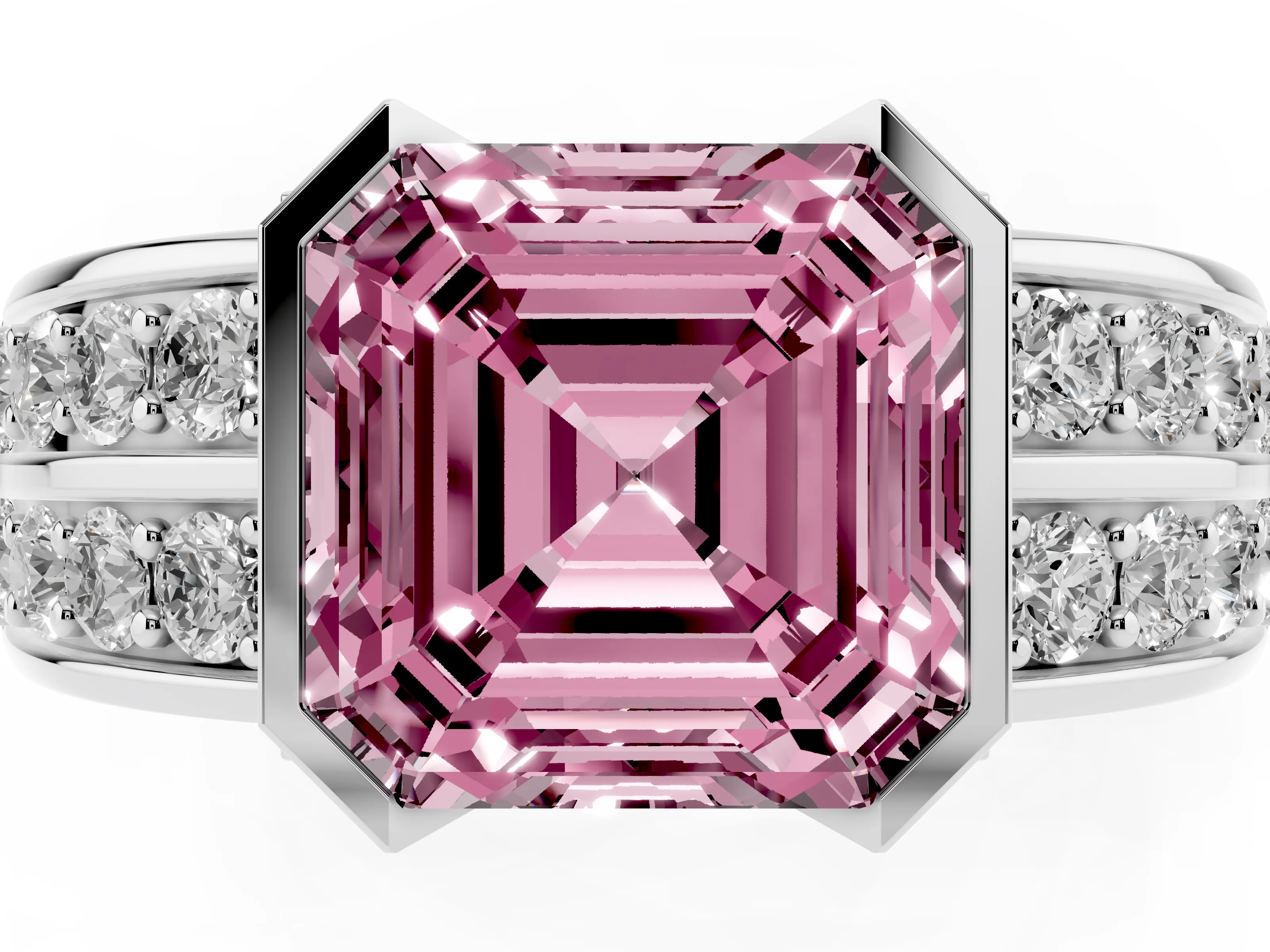 Fancy Pink Asscher Cut Diamond Wide Channel Set Band Ring Set in Platinum with Bezel Setting