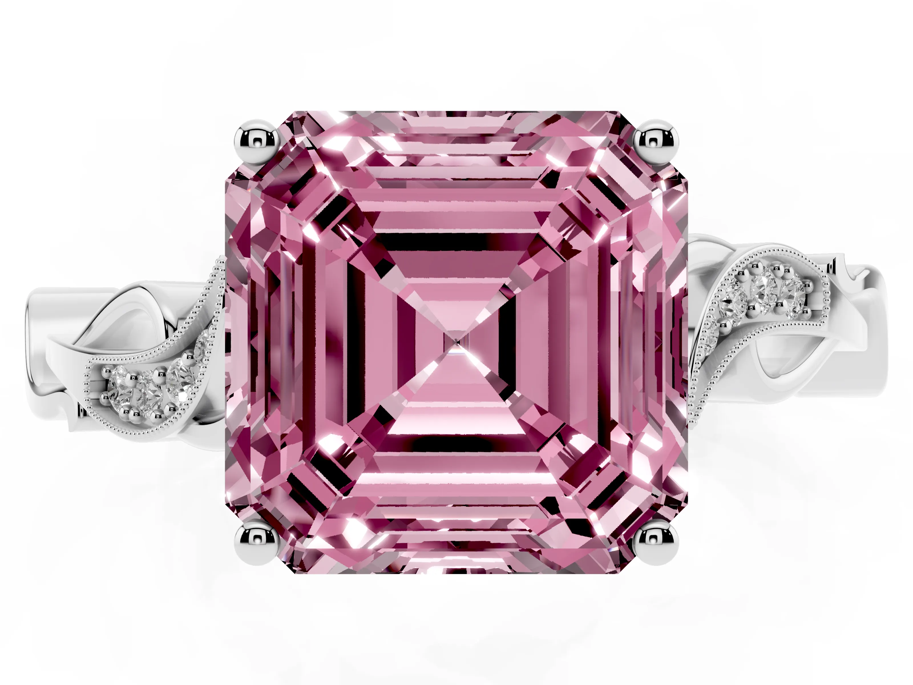 Fancy Pink Asscher Cut Diamond Vine Band Solitaire Ring Set in White gold with Milgrain Prong Setting