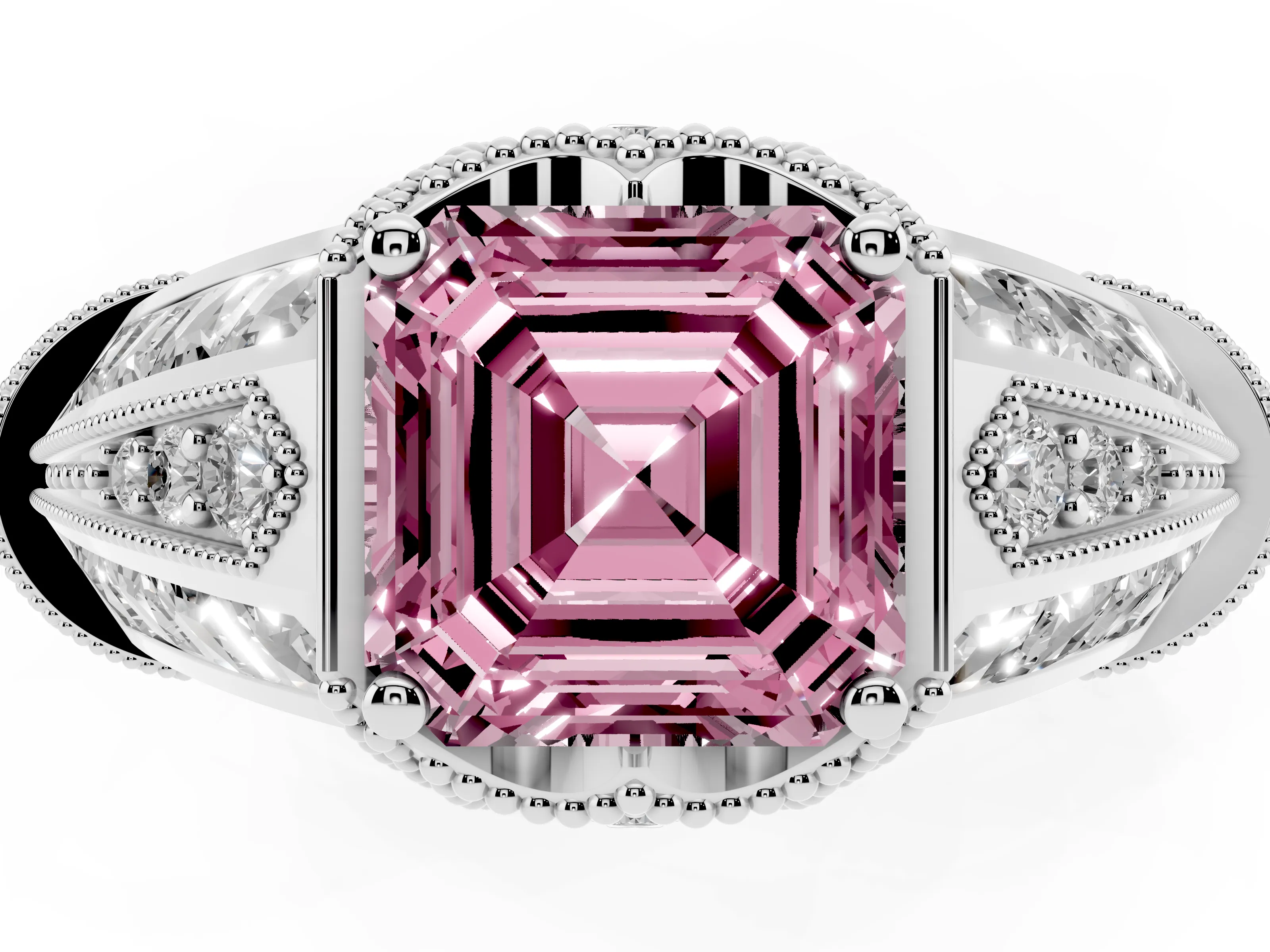 Fancy Pink Asscher Cut Diamond Vintage-Inspired Milgrain Ring Set in Platinum with Accent Split Shank