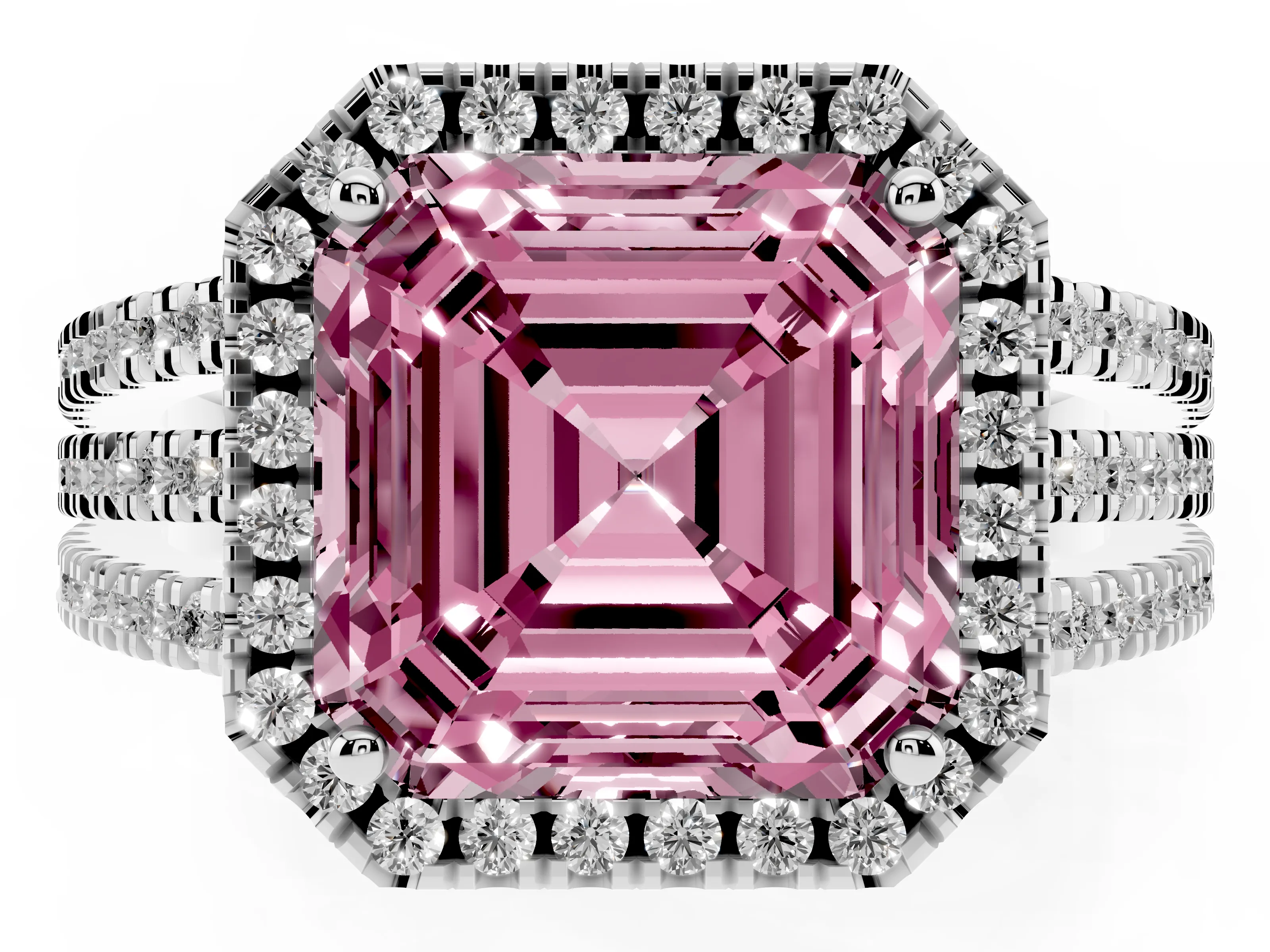Fancy Pink Asscher Cut Diamond Halo Split Shank Engagement Ring Set in White gold with Prong Setting