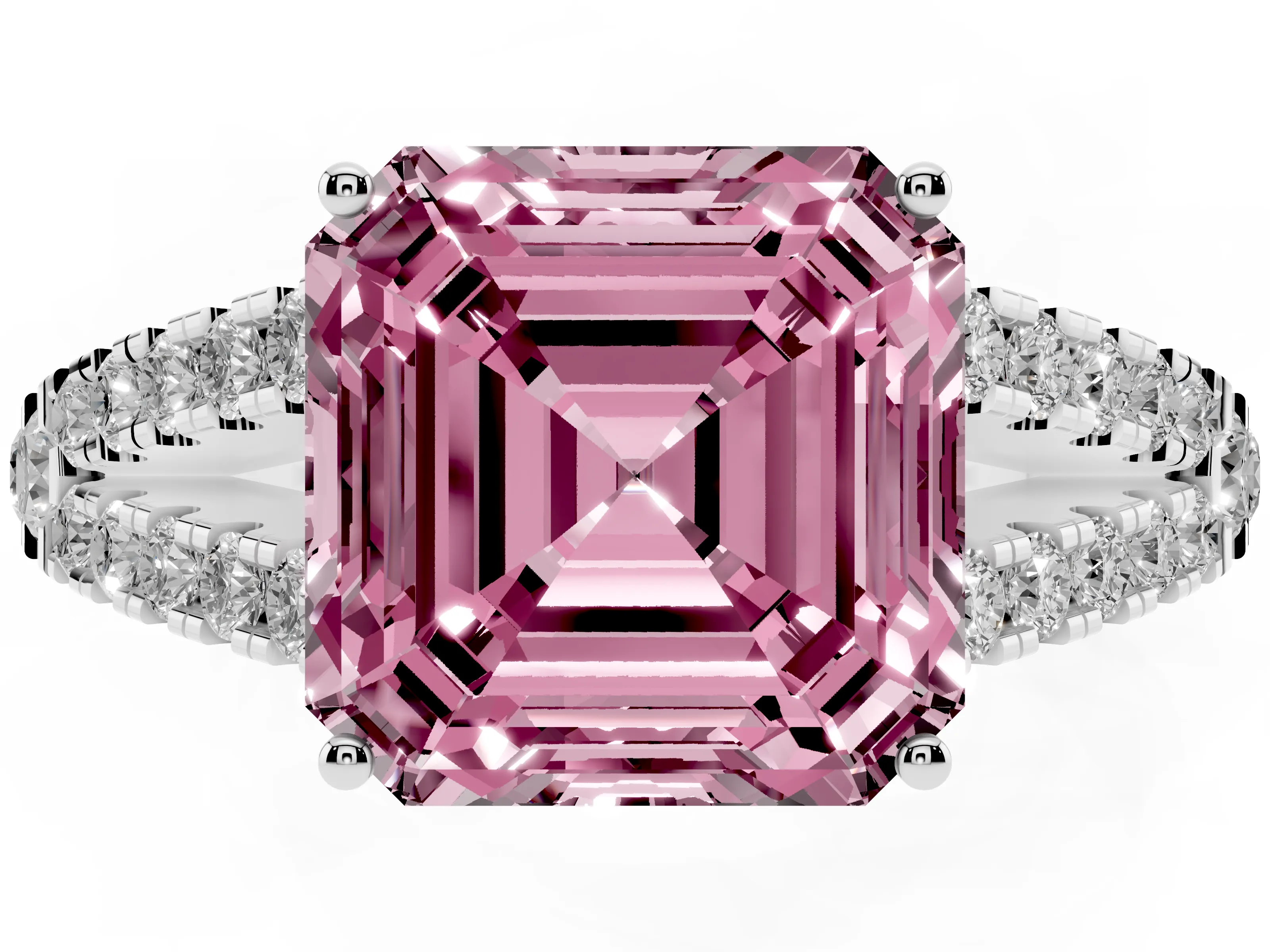 Fancy Pink Asscher Cut Diamond Split Shank Engagement Ring Set in Silver with Round Pavé and Prong Setting