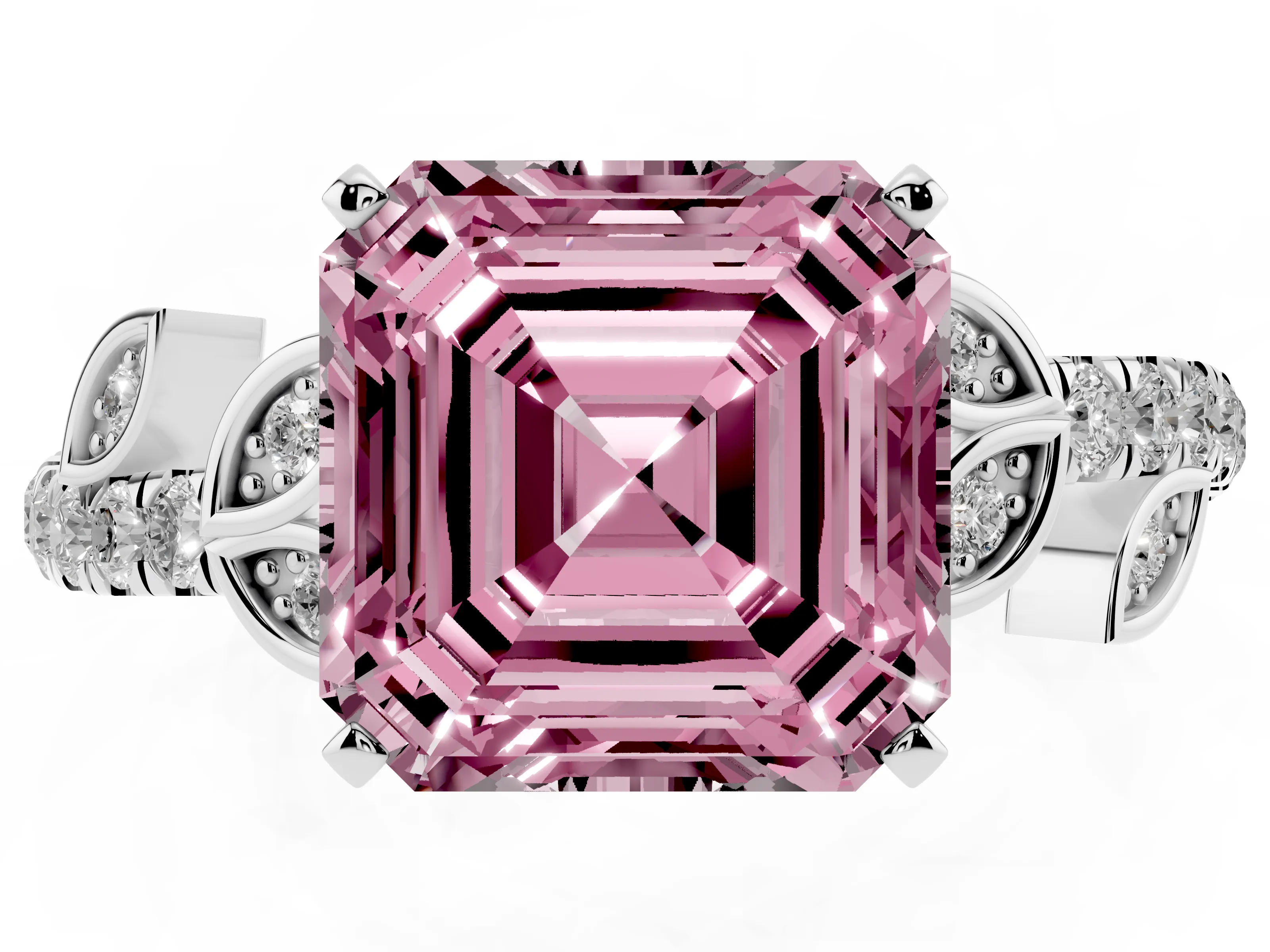 Fancy Pink Asscher Cut Diamond Solitaire Leaf-Inspired Ring Set in Silver with Pavé Band and Prong Setting