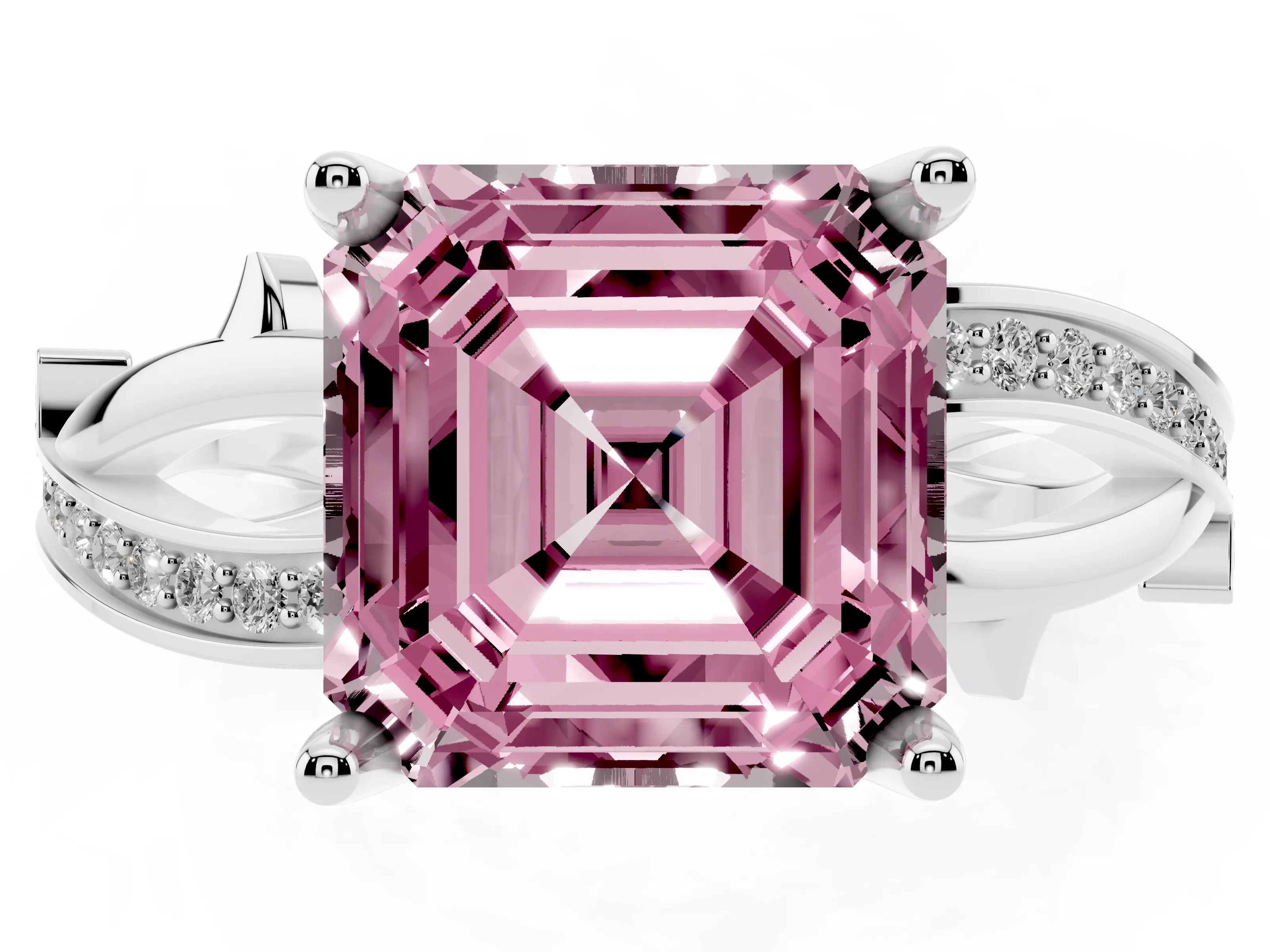 Fancy Pink Asscher Cut Diamond Pavé Twist Band Solitaire Ring Set in Platinum with Prong Setting