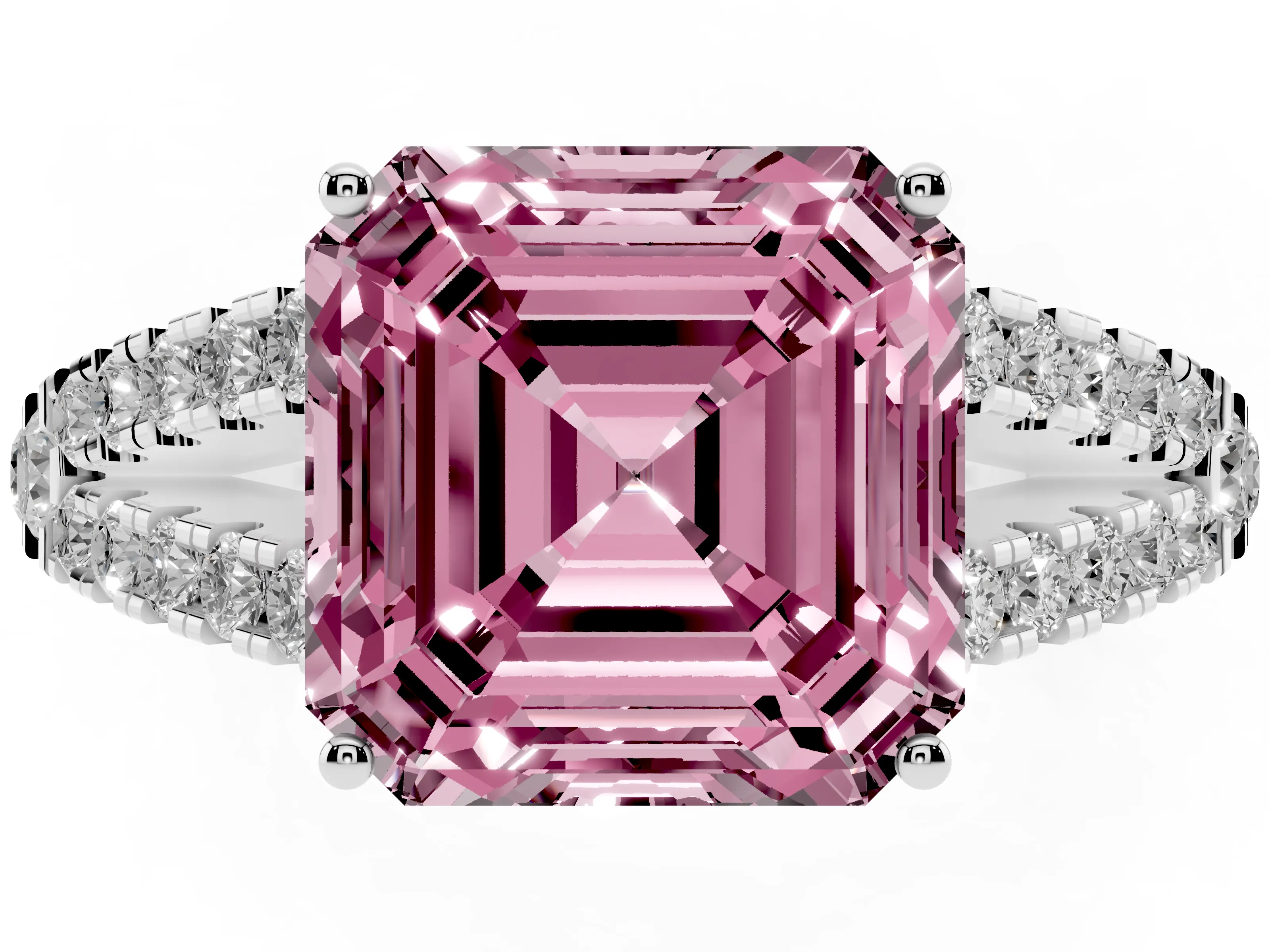 Fancy Pink Asscher Cut Diamond Split Shank Pavé Engagement Ring Set in White gold with Prong-Held Center Stone