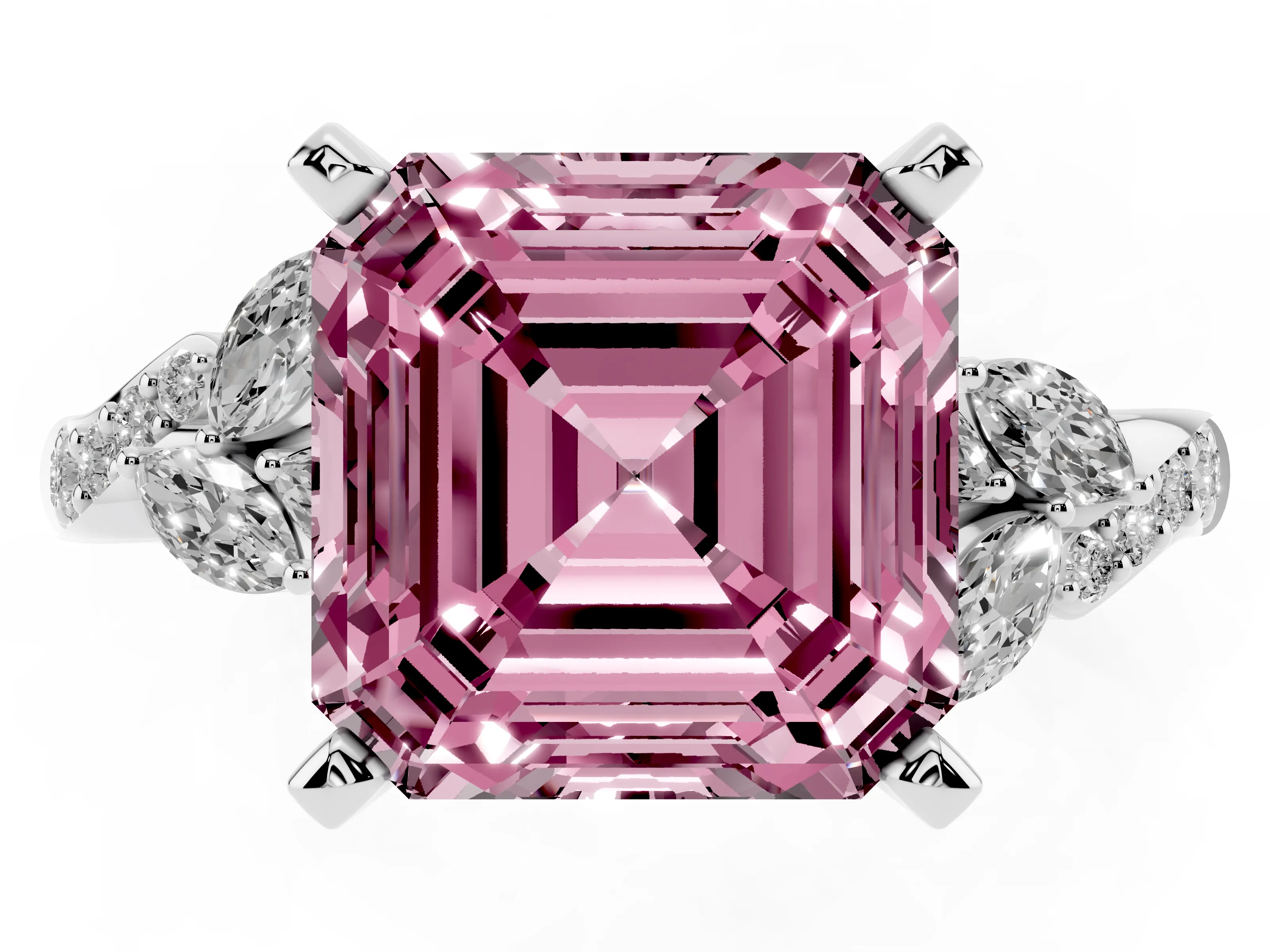 Fancy Pink Asscher Cut Diamond Solitaire Ring Set in Silver with Marquise Twist Band and Prong Setting