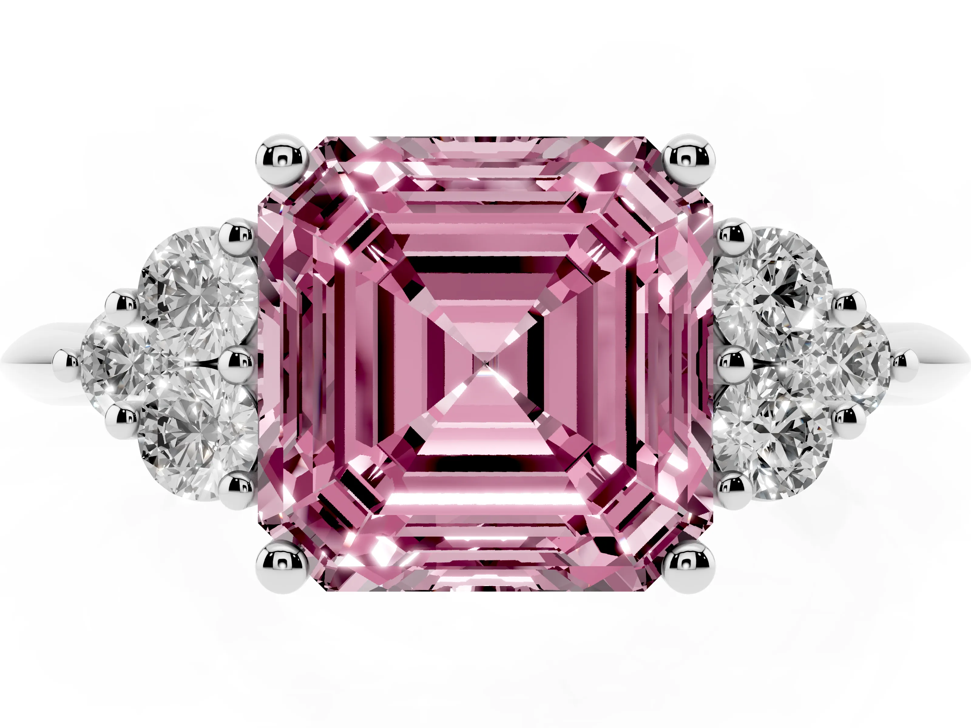 Fancy Pink Asscher Cut Diamond Cluster Ring Set in White gold with Plain Band and Prong Setting